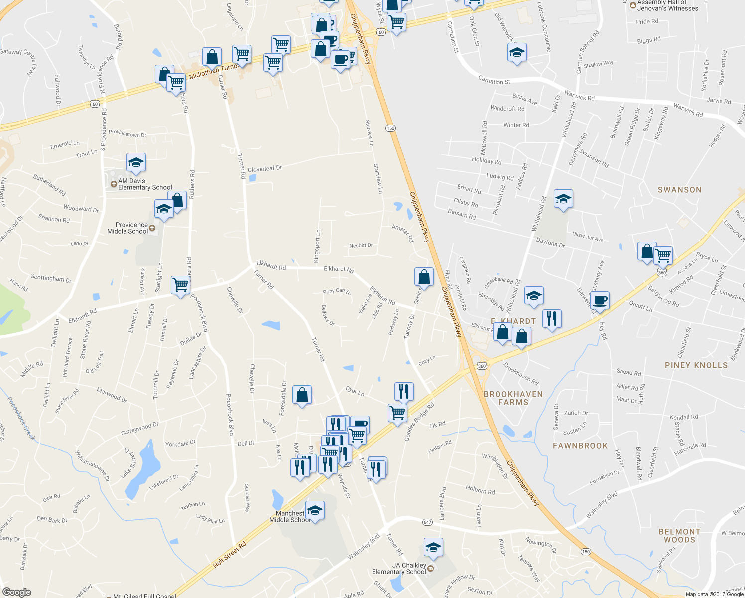 map of restaurants, bars, coffee shops, grocery stores, and more near 1509 Wake Avenue in Richmond