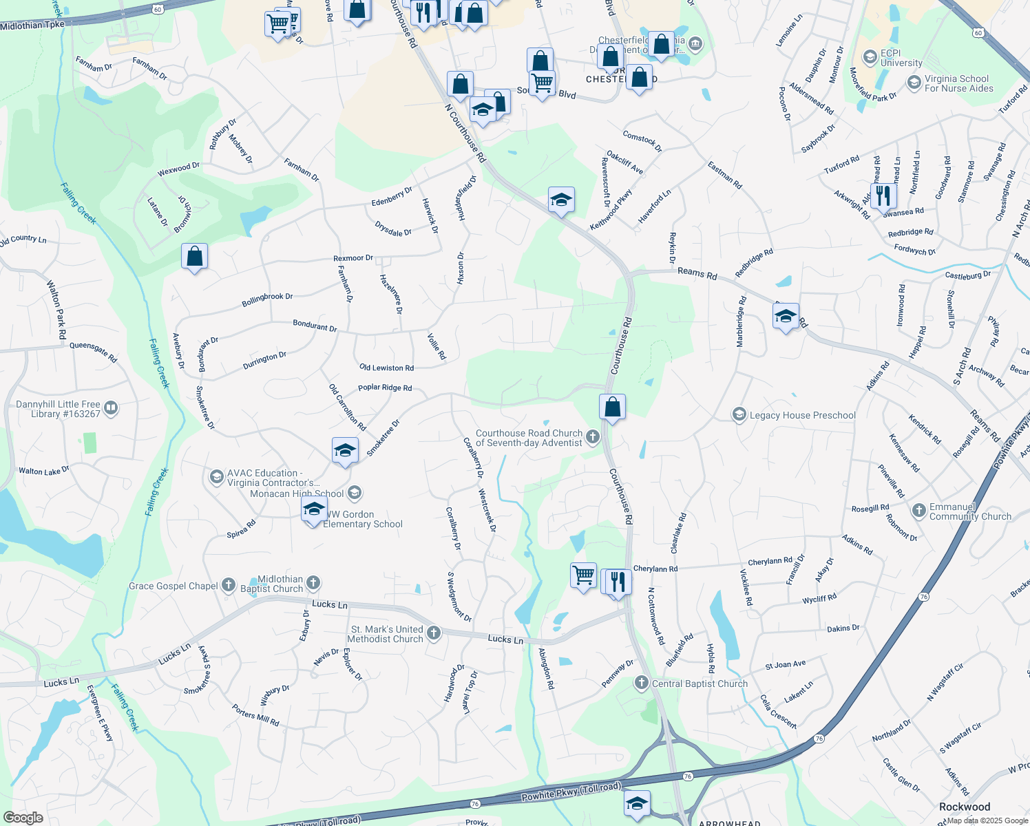 map of restaurants, bars, coffee shops, grocery stores, and more near 409 Yarrow Lane in Richmond