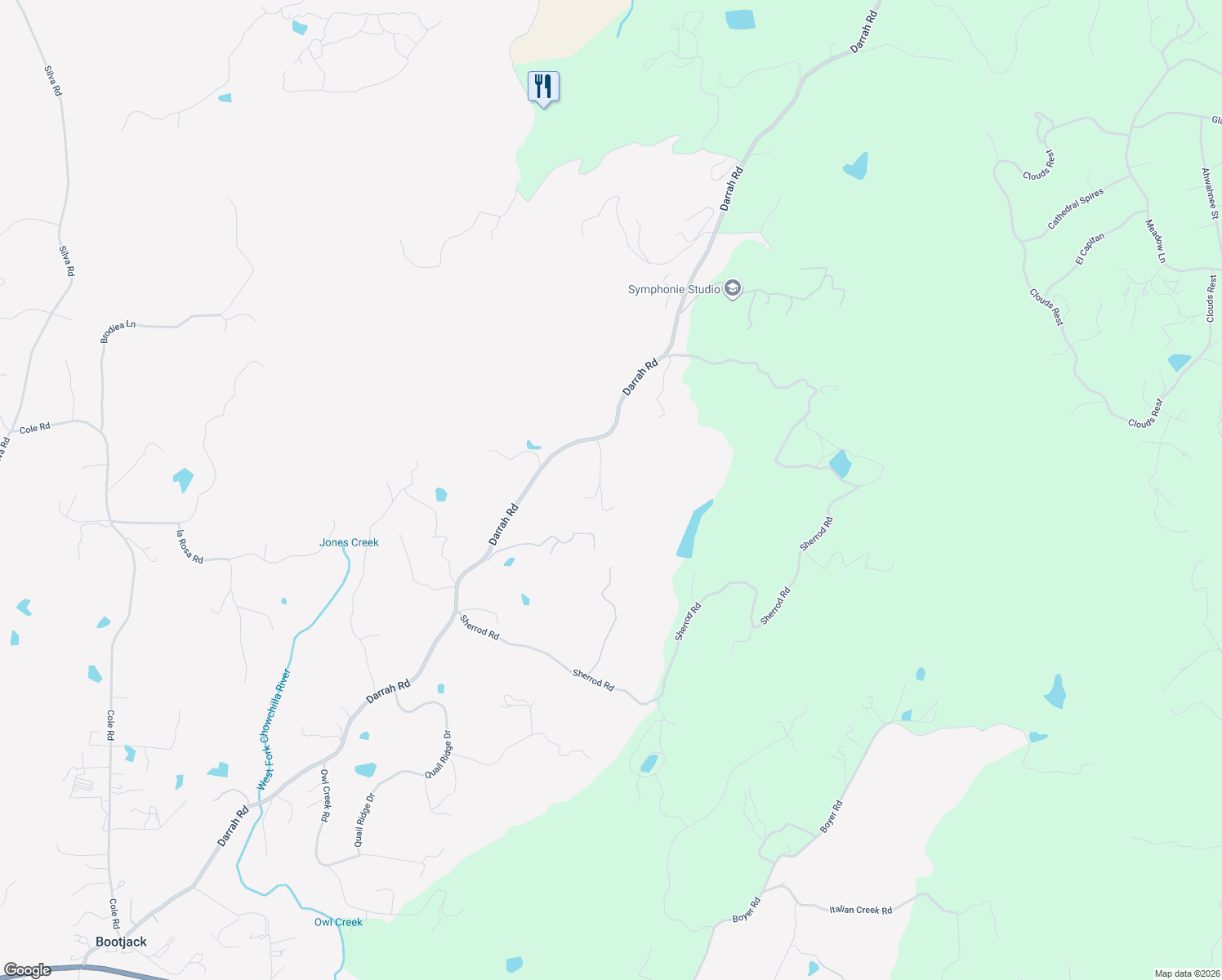 map of restaurants, bars, coffee shops, grocery stores, and more near 5440 Darrah Road in Mariposa