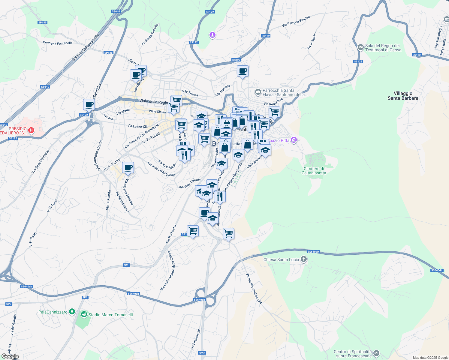 map of restaurants, bars, coffee shops, grocery stores, and more near 129 Via Niscemi in Caltanissetta