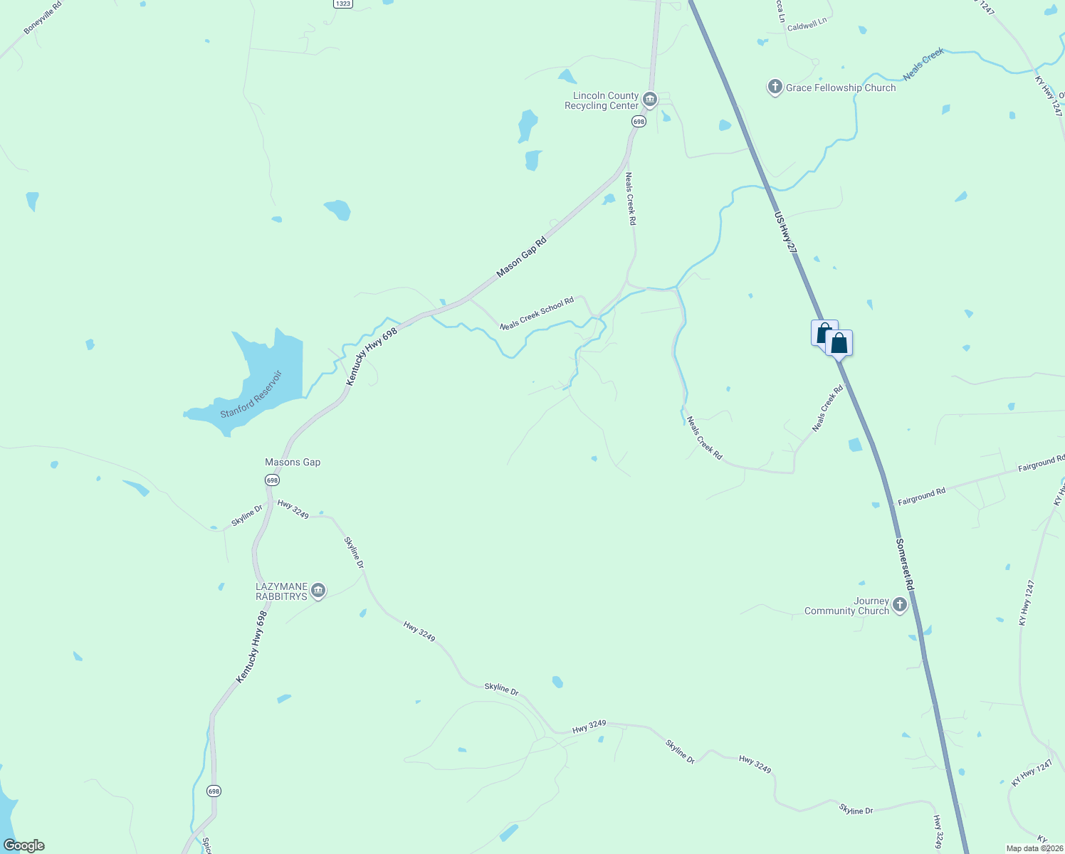 map of restaurants, bars, coffee shops, grocery stores, and more near Ridge View Road in Stanford