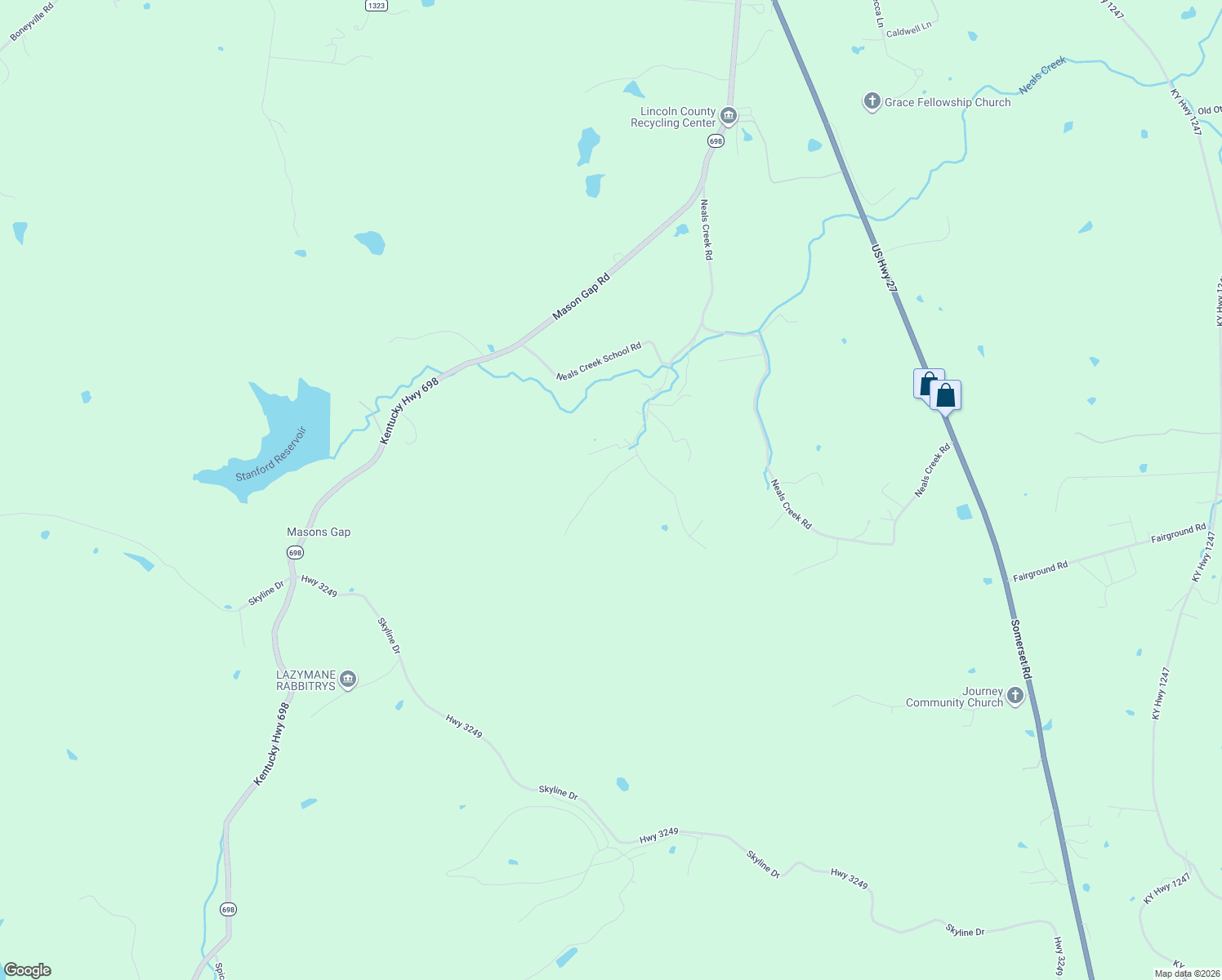 map of restaurants, bars, coffee shops, grocery stores, and more near Ridge View Road in Stanford
