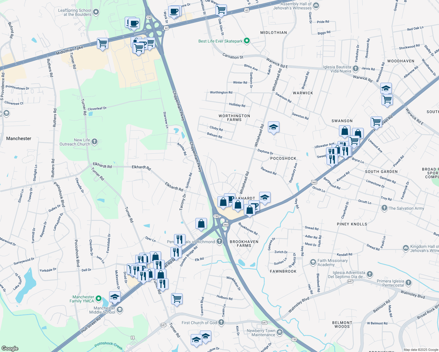 map of restaurants, bars, coffee shops, grocery stores, and more near 1441 Cargreen Road in Richmond
