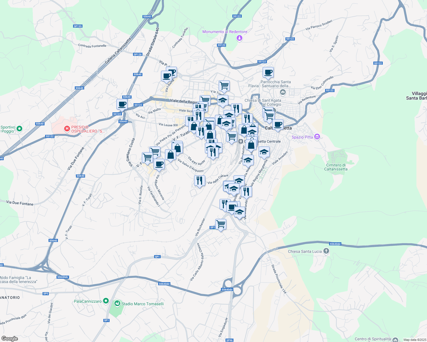 map of restaurants, bars, coffee shops, grocery stores, and more near 11 Via Pietro Nenni in Caltanissetta