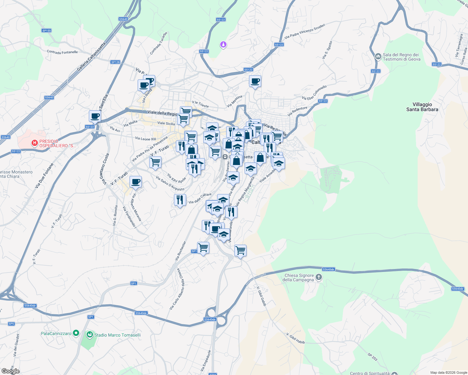 map of restaurants, bars, coffee shops, grocery stores, and more near 170 Via Napoleone Colajanni in Caltanissetta