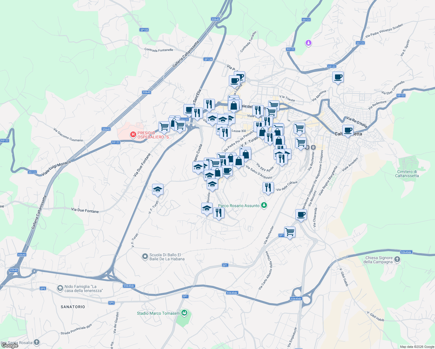map of restaurants, bars, coffee shops, grocery stores, and more near 1 Via Giovanni Pacini in Caltanissetta
