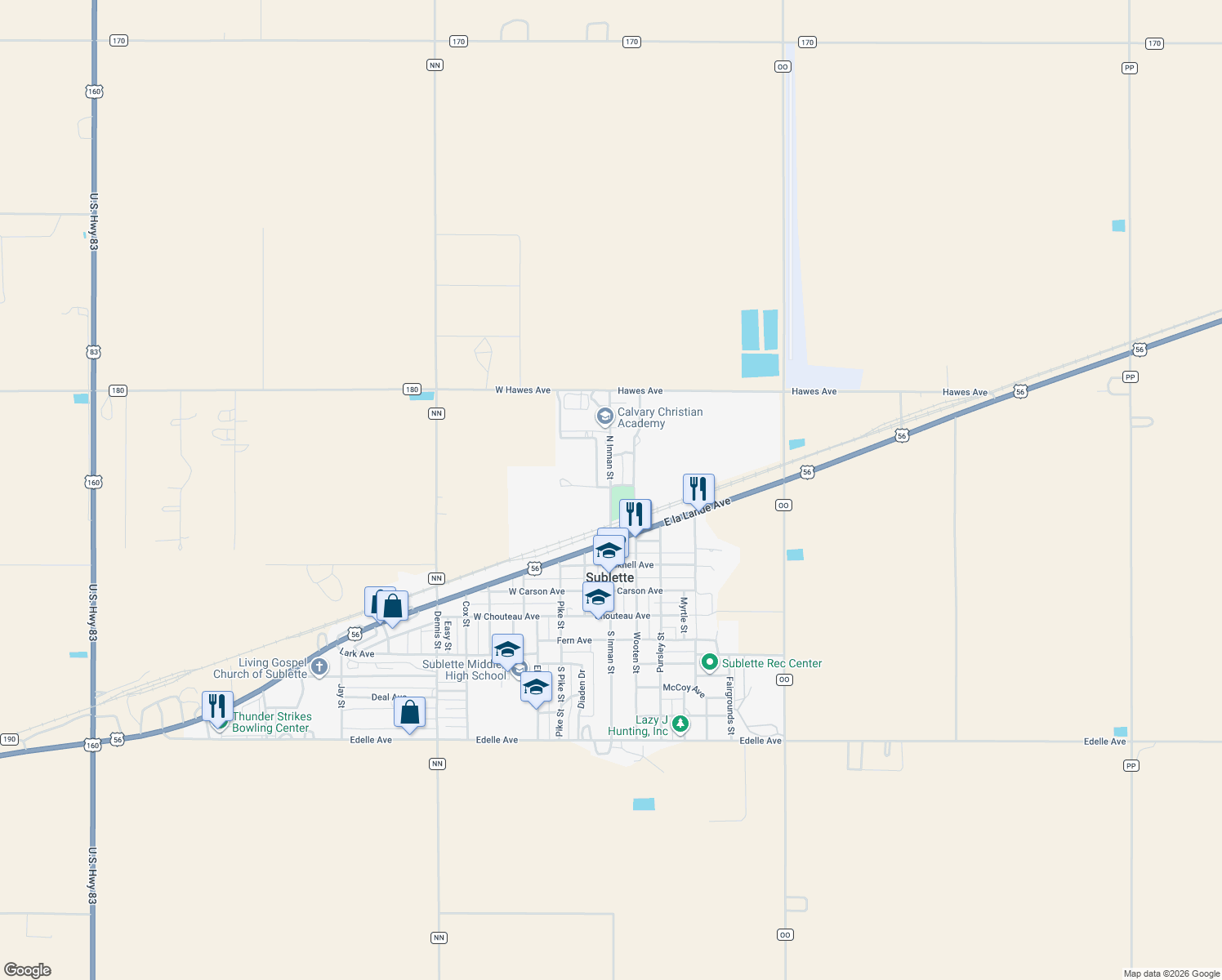 map of restaurants, bars, coffee shops, grocery stores, and more near 398 North Inman Street in Sublette