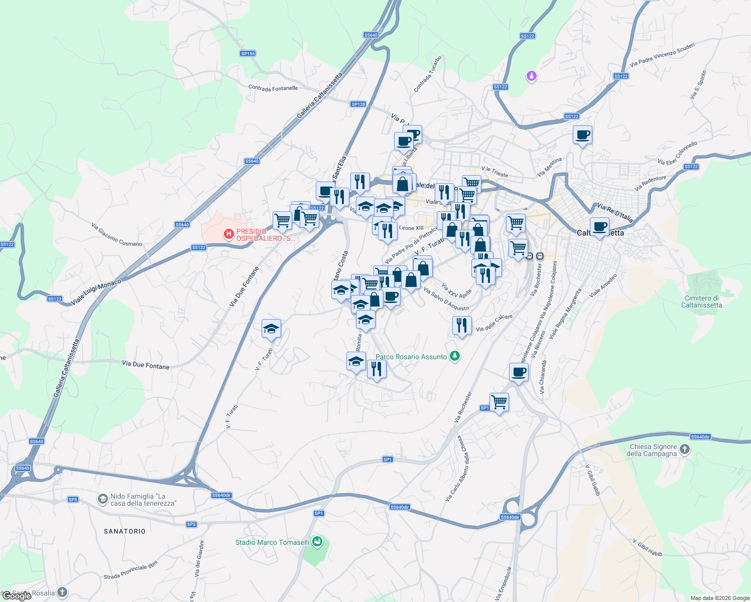 map of restaurants, bars, coffee shops, grocery stores, and more near 1 Via Pacini Giovanni in Caltanissetta