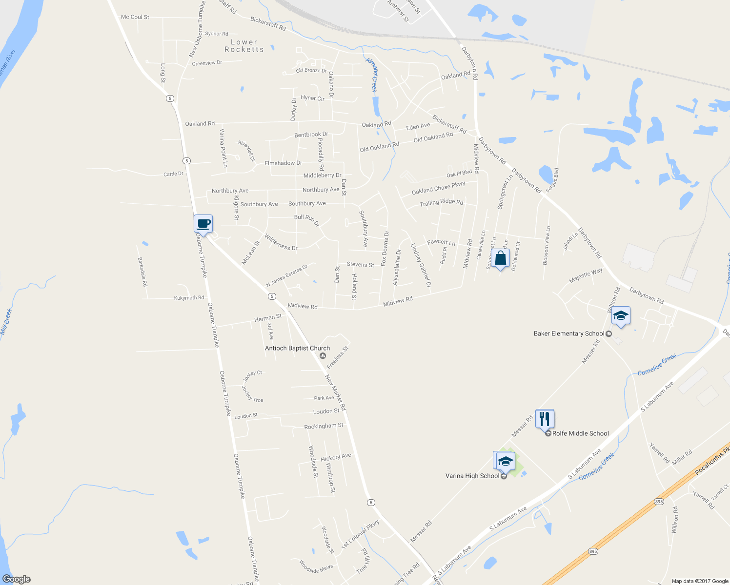 map of restaurants, bars, coffee shops, grocery stores, and more near 1600 Fox Downs Place in Richmond