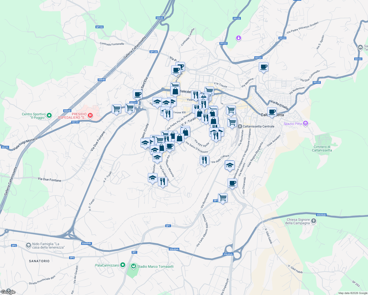 map of restaurants, bars, coffee shops, grocery stores, and more near 113 Via Aldo Moro in Caltanissetta