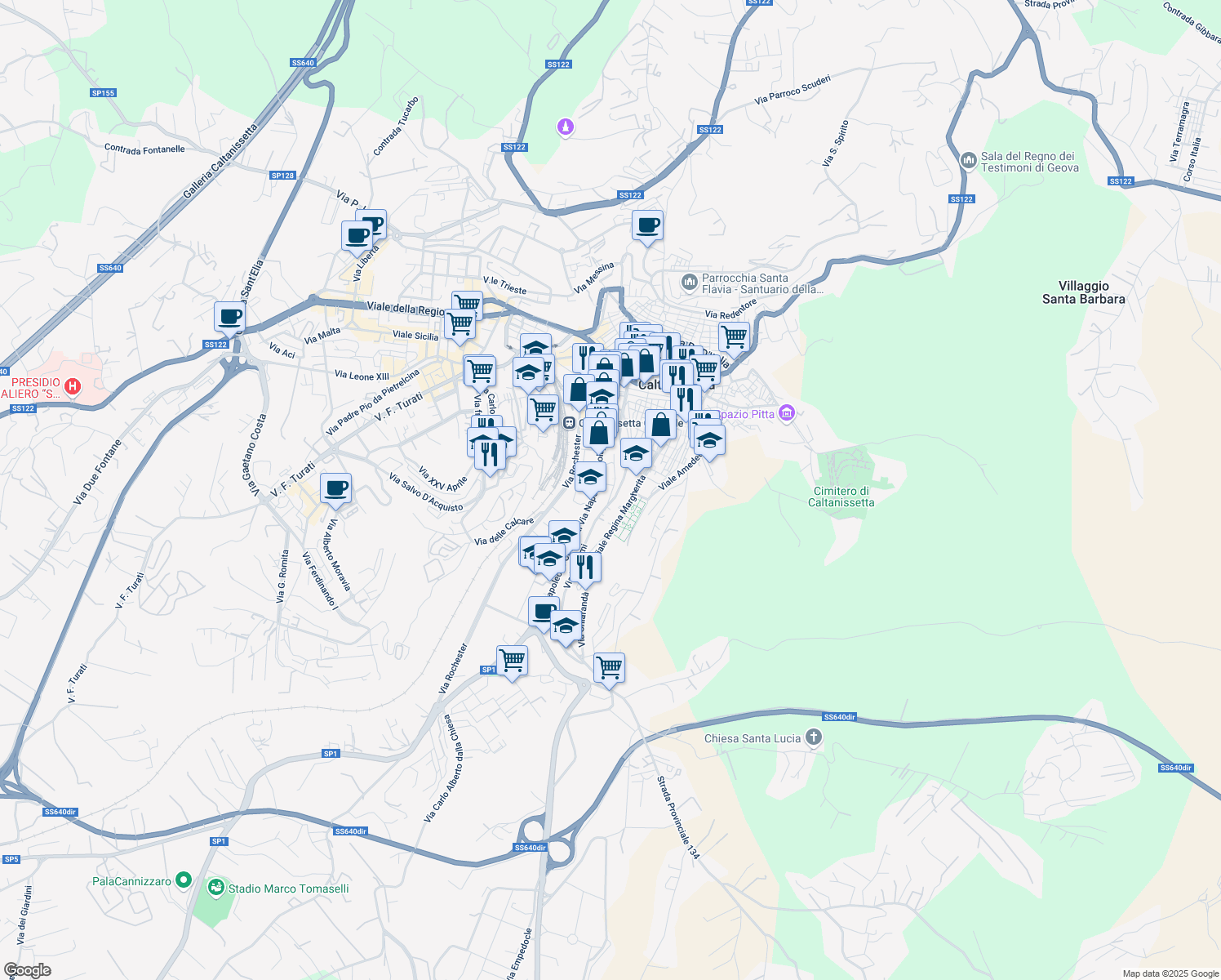 map of restaurants, bars, coffee shops, grocery stores, and more near 129 Via Niscemi in Caltanissetta