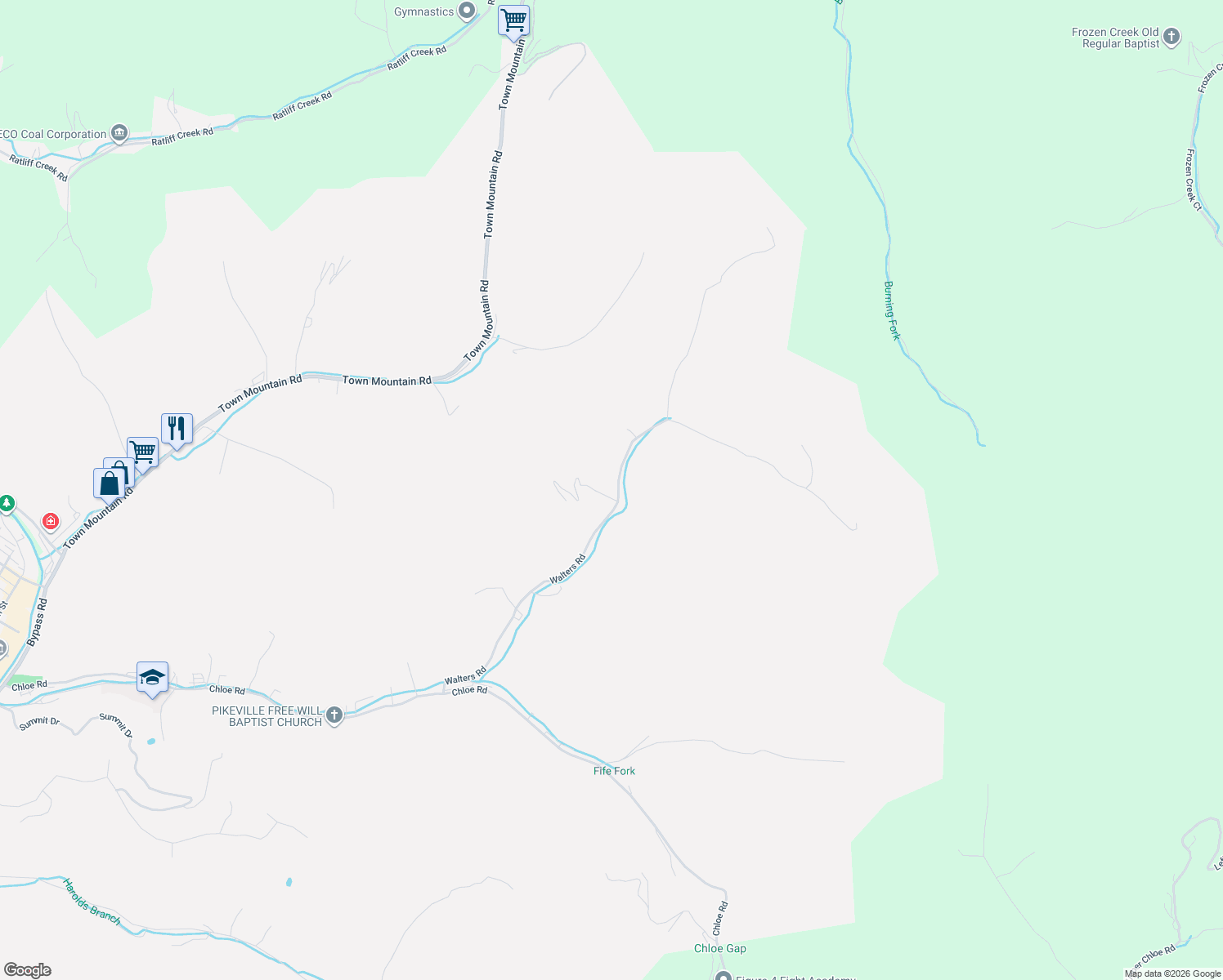 map of restaurants, bars, coffee shops, grocery stores, and more near 301-421 Walters Road in Pikeville