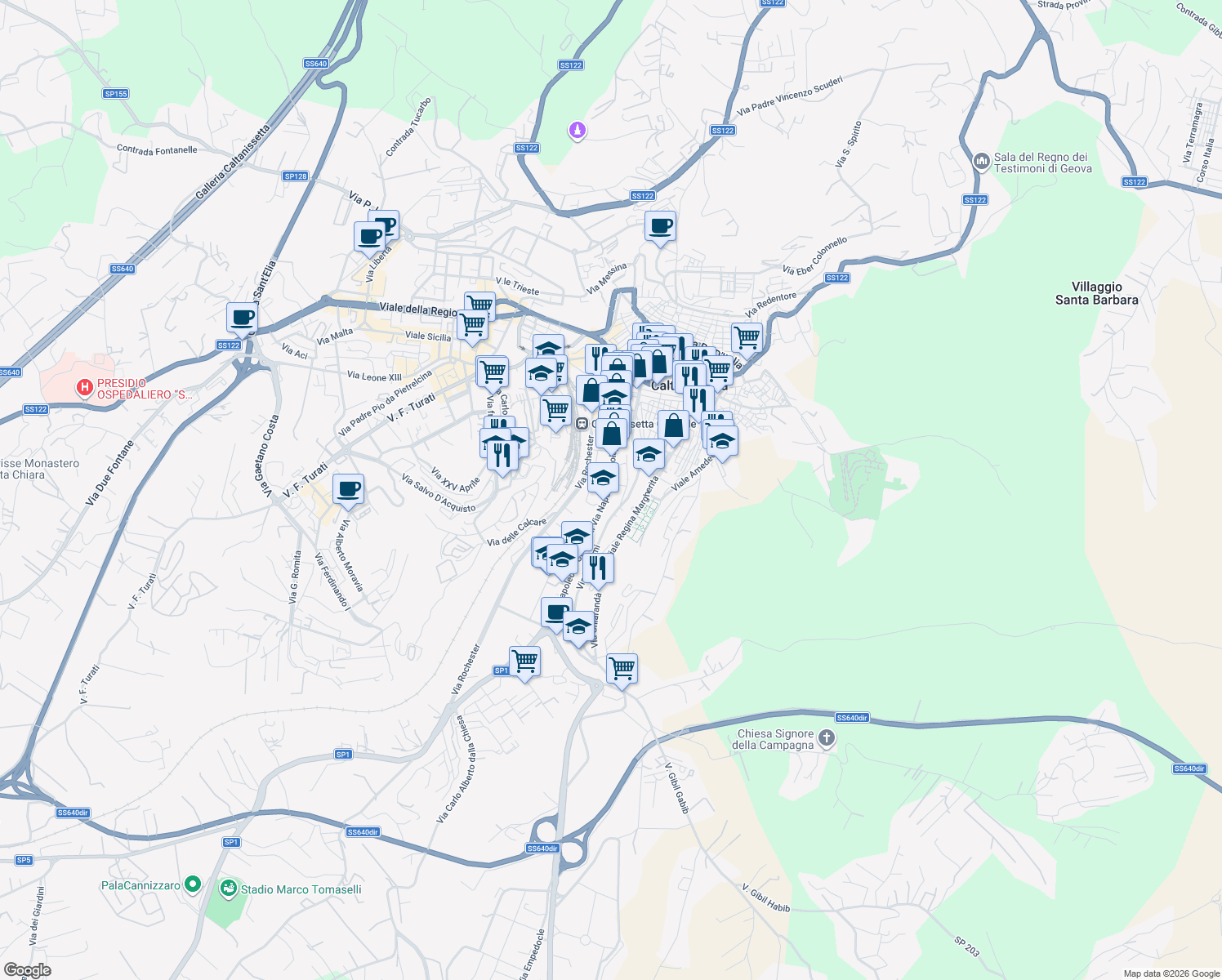 map of restaurants, bars, coffee shops, grocery stores, and more near 129 Via Niscemi in Caltanissetta