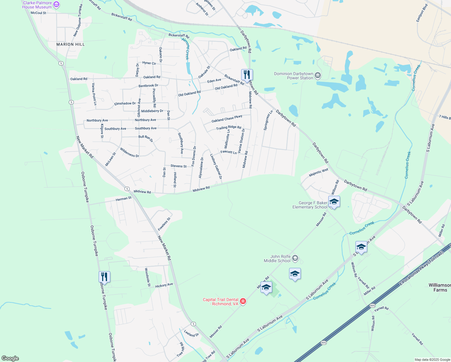 map of restaurants, bars, coffee shops, grocery stores, and more near 1754 Midview Road in Henrico