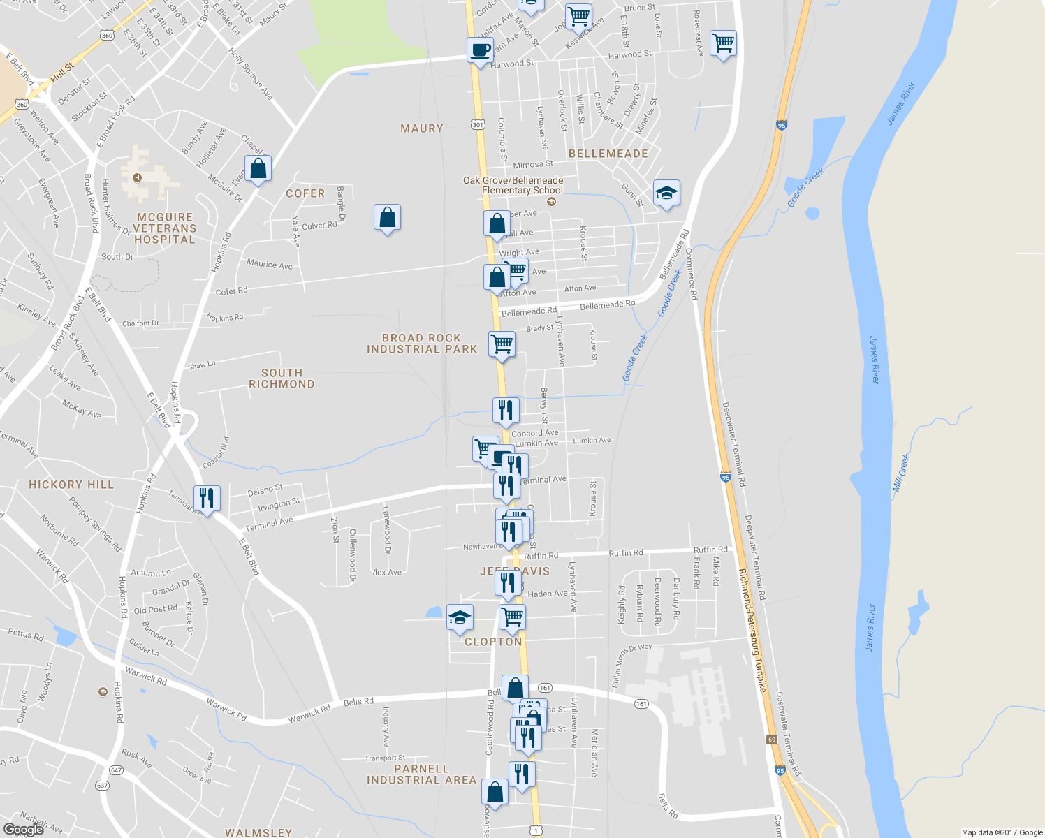 map of restaurants, bars, coffee shops, grocery stores, and more near 2414 Yorktown Avenue in Richmond