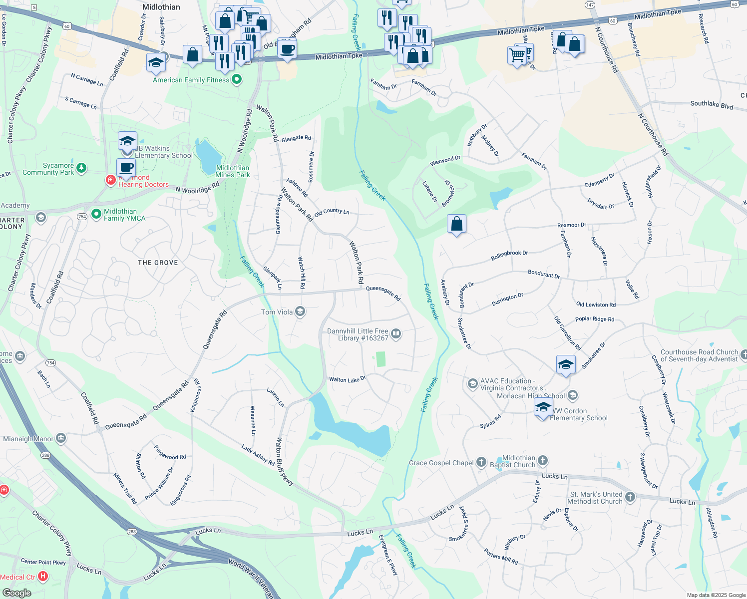map of restaurants, bars, coffee shops, grocery stores, and more near 811 Hollypark Drive in Midlothian