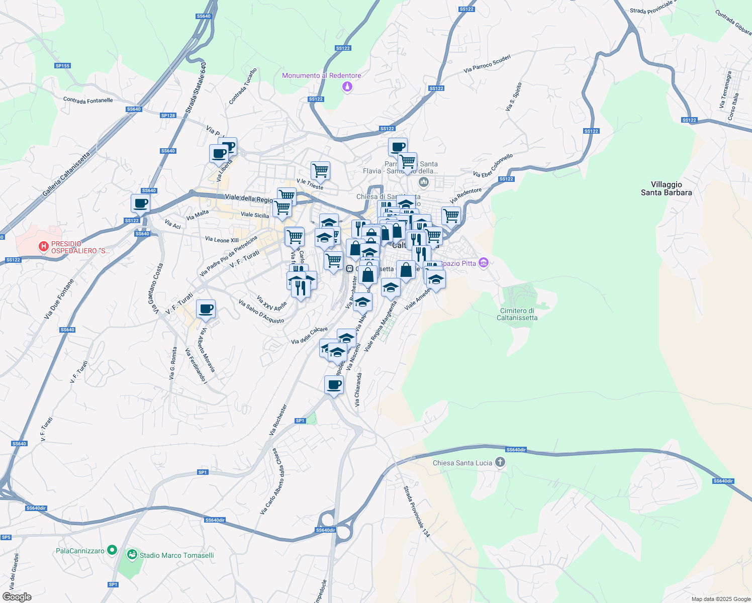 map of restaurants, bars, coffee shops, grocery stores, and more near 2-10 Via Ruggero VII in Caltanissetta