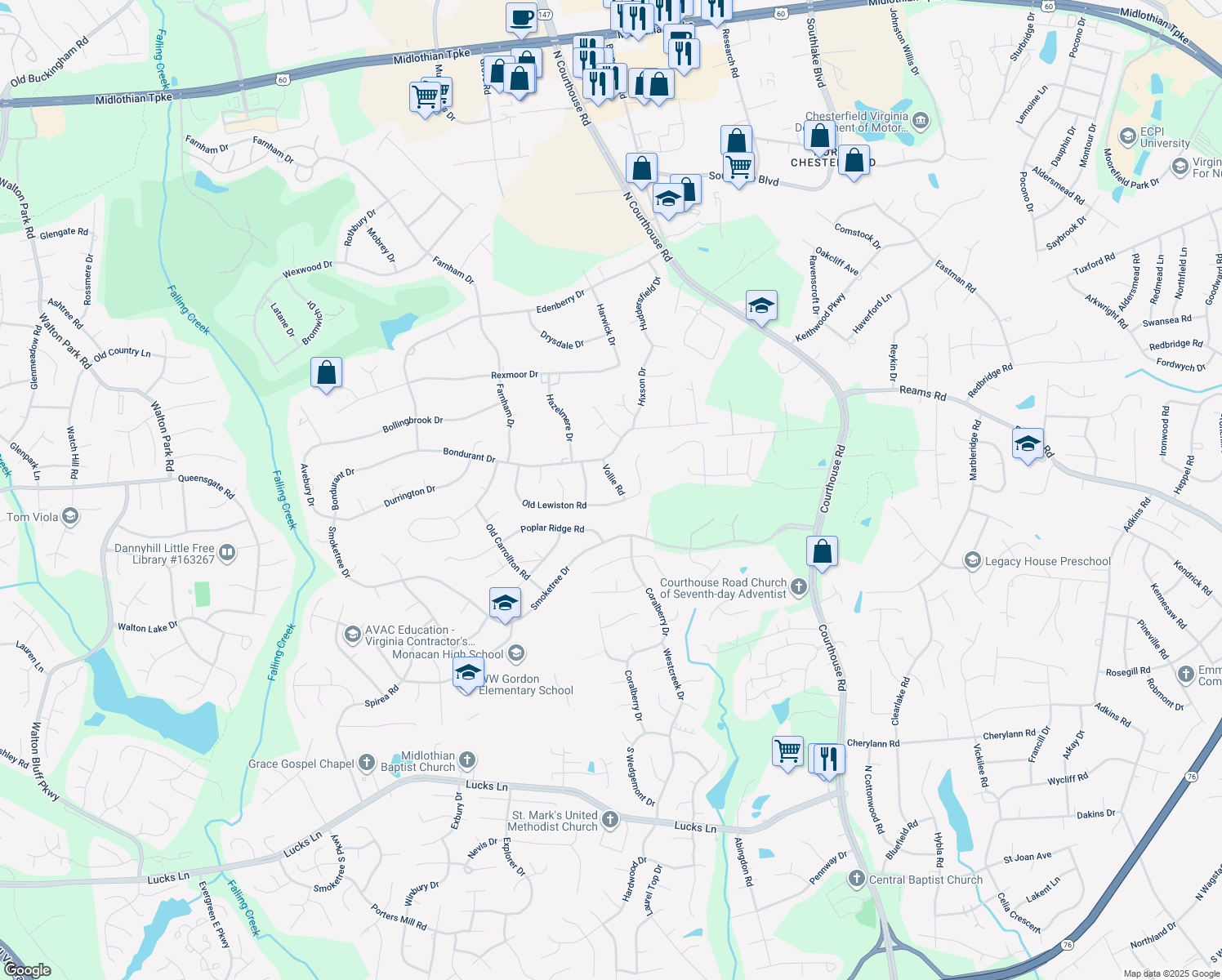 map of restaurants, bars, coffee shops, grocery stores, and more near 106 Vollie Rd in Richmond