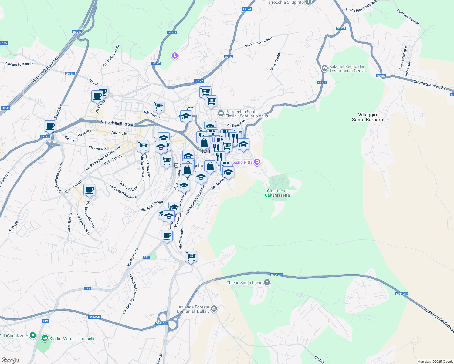 map of restaurants, bars, coffee shops, grocery stores, and more near 36-38 Via Signore della Città in Caltanissetta