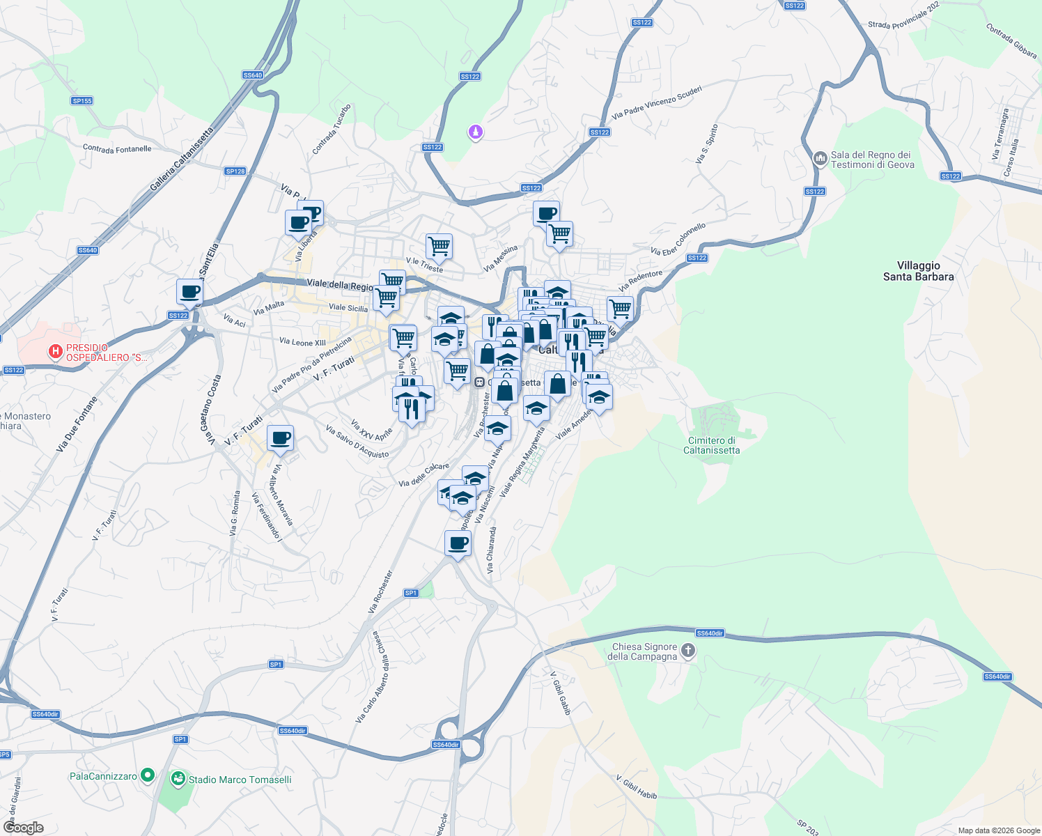 map of restaurants, bars, coffee shops, grocery stores, and more near 2-10 Via Ruggero VII in Caltanissetta
