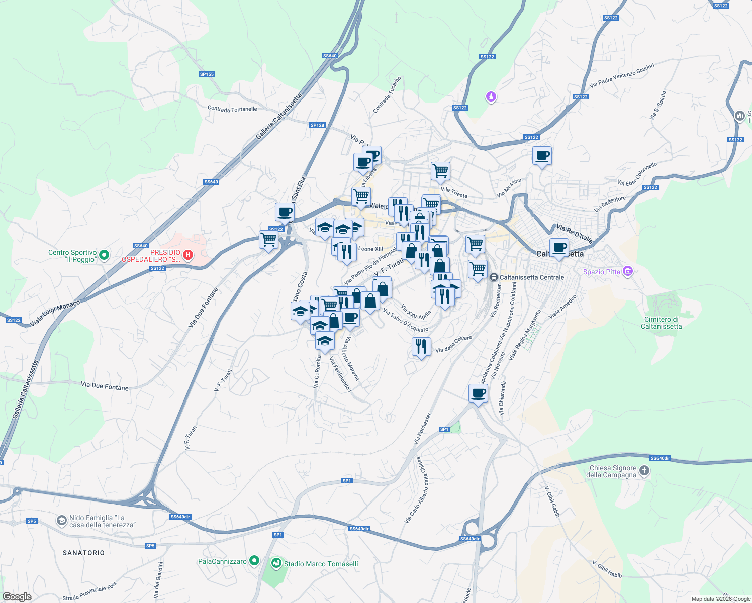 map of restaurants, bars, coffee shops, grocery stores, and more near 113 Via Aldo Moro in Caltanissetta