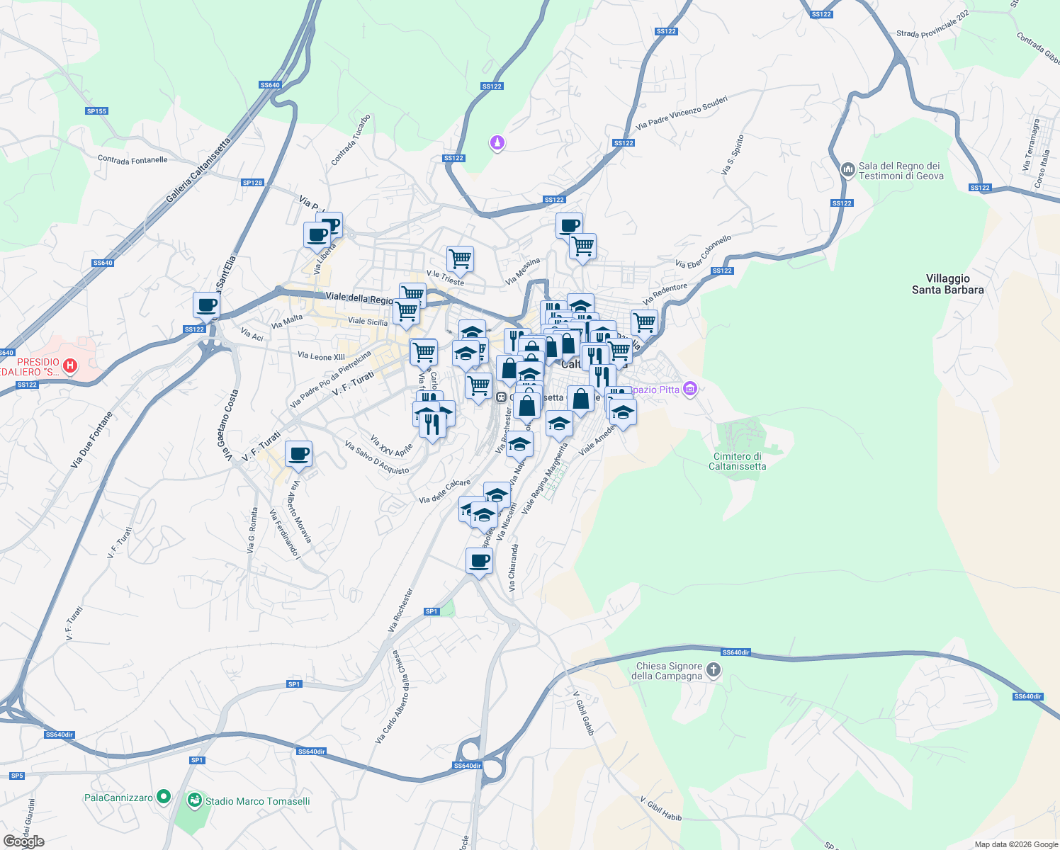 map of restaurants, bars, coffee shops, grocery stores, and more near 2-10 Via Ruggero VII in Caltanissetta