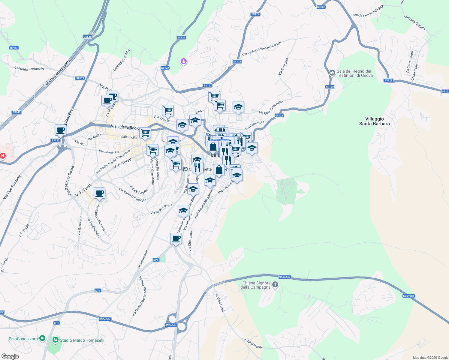 map of restaurants, bars, coffee shops, grocery stores, and more near 39 Via Castrogiovanni in Caltanissetta