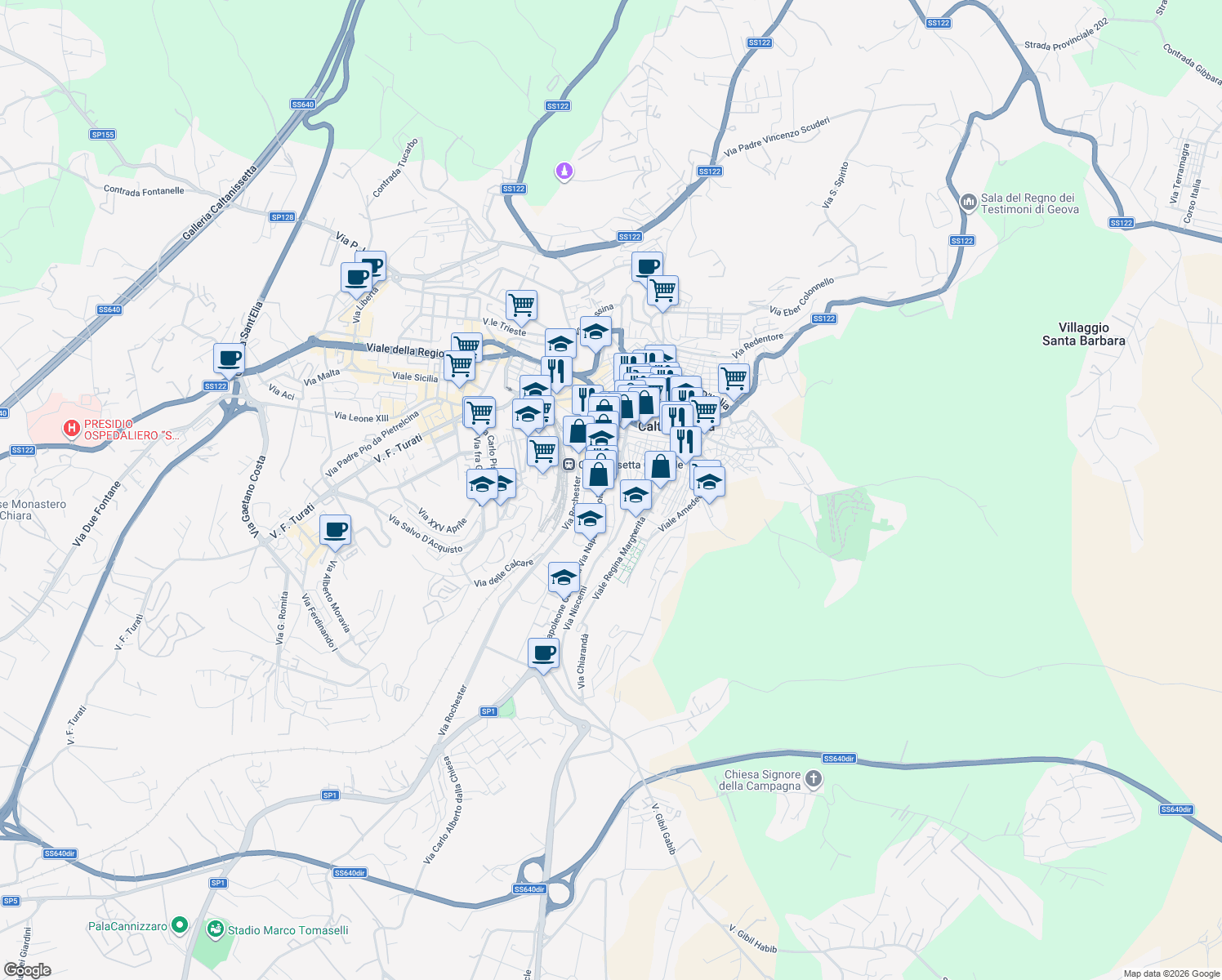 map of restaurants, bars, coffee shops, grocery stores, and more near 44 Via Napoleone Colajanni in Caltanissetta