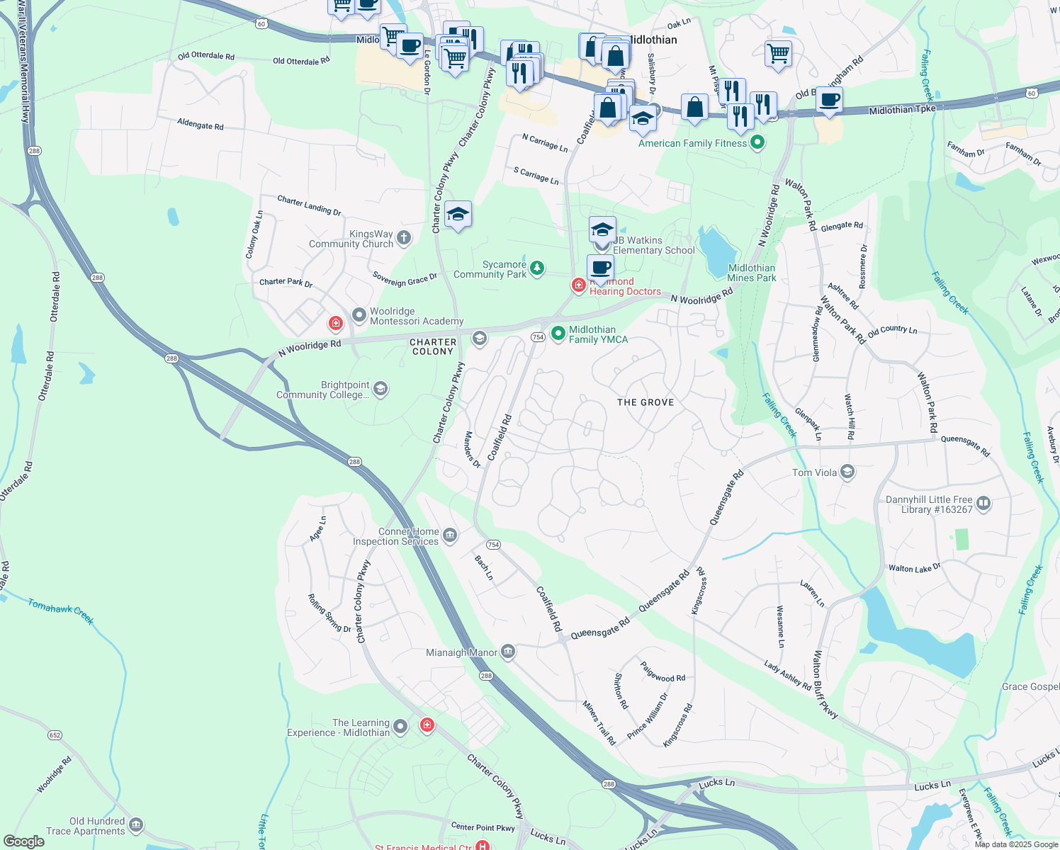 map of restaurants, bars, coffee shops, grocery stores, and more near 13918 Krim Point Road in Midlothian
