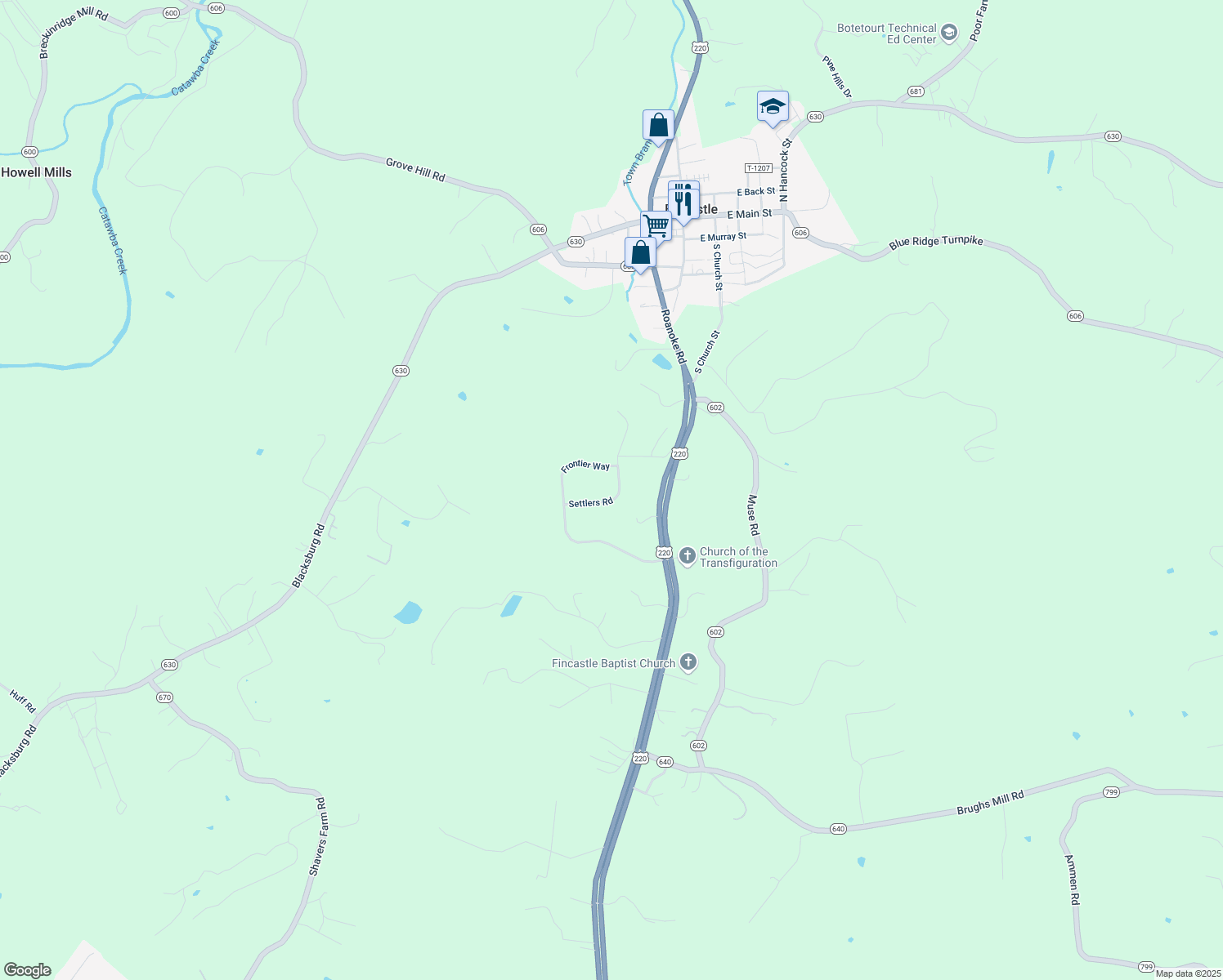 map of restaurants, bars, coffee shops, grocery stores, and more near 157 Settlers Road in Fincastle