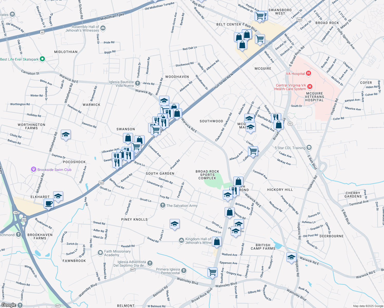 map of restaurants, bars, coffee shops, grocery stores, and more near 1835 Powell Road in Richmond