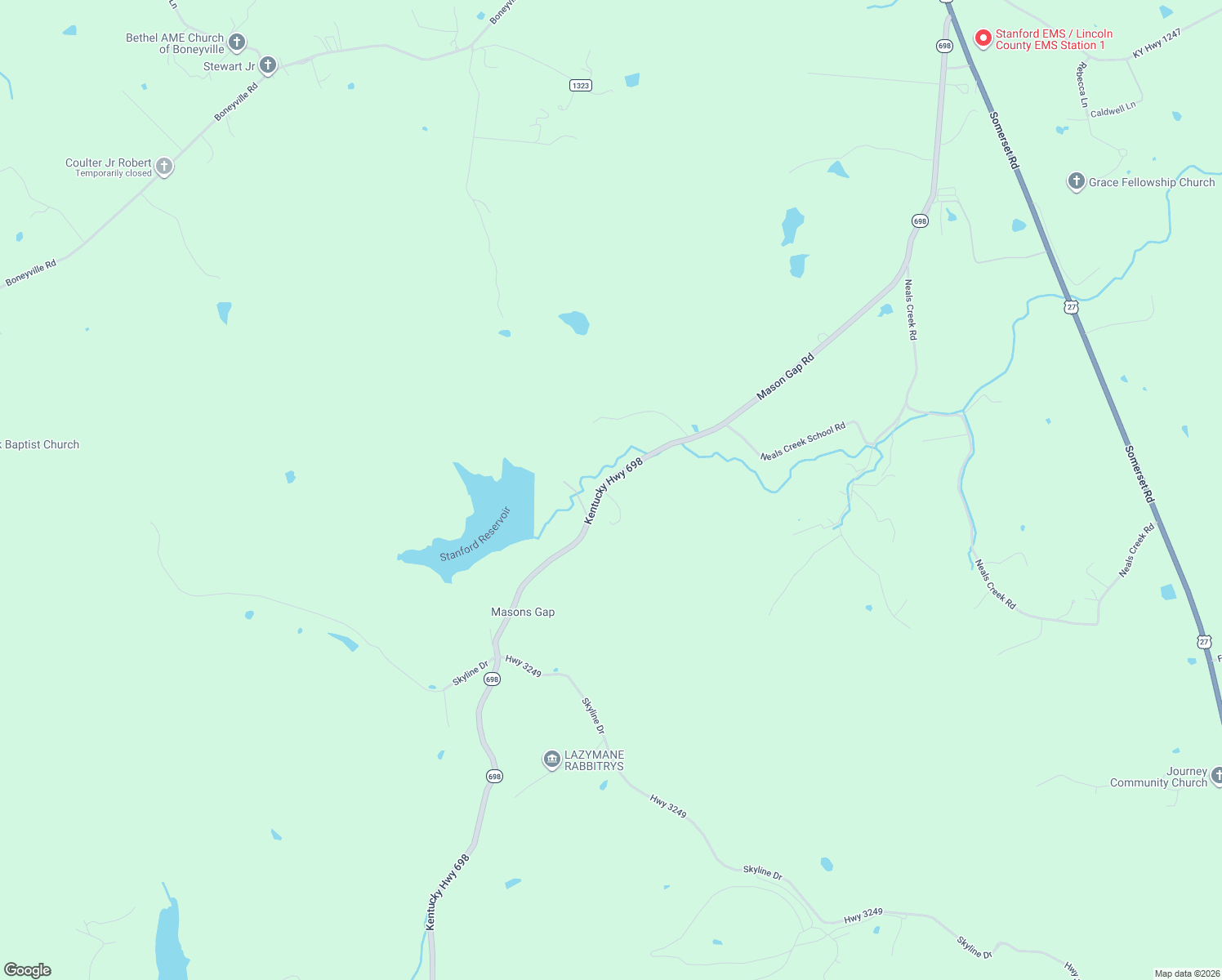 map of restaurants, bars, coffee shops, grocery stores, and more near 1825 Kentucky 698 in Stanford