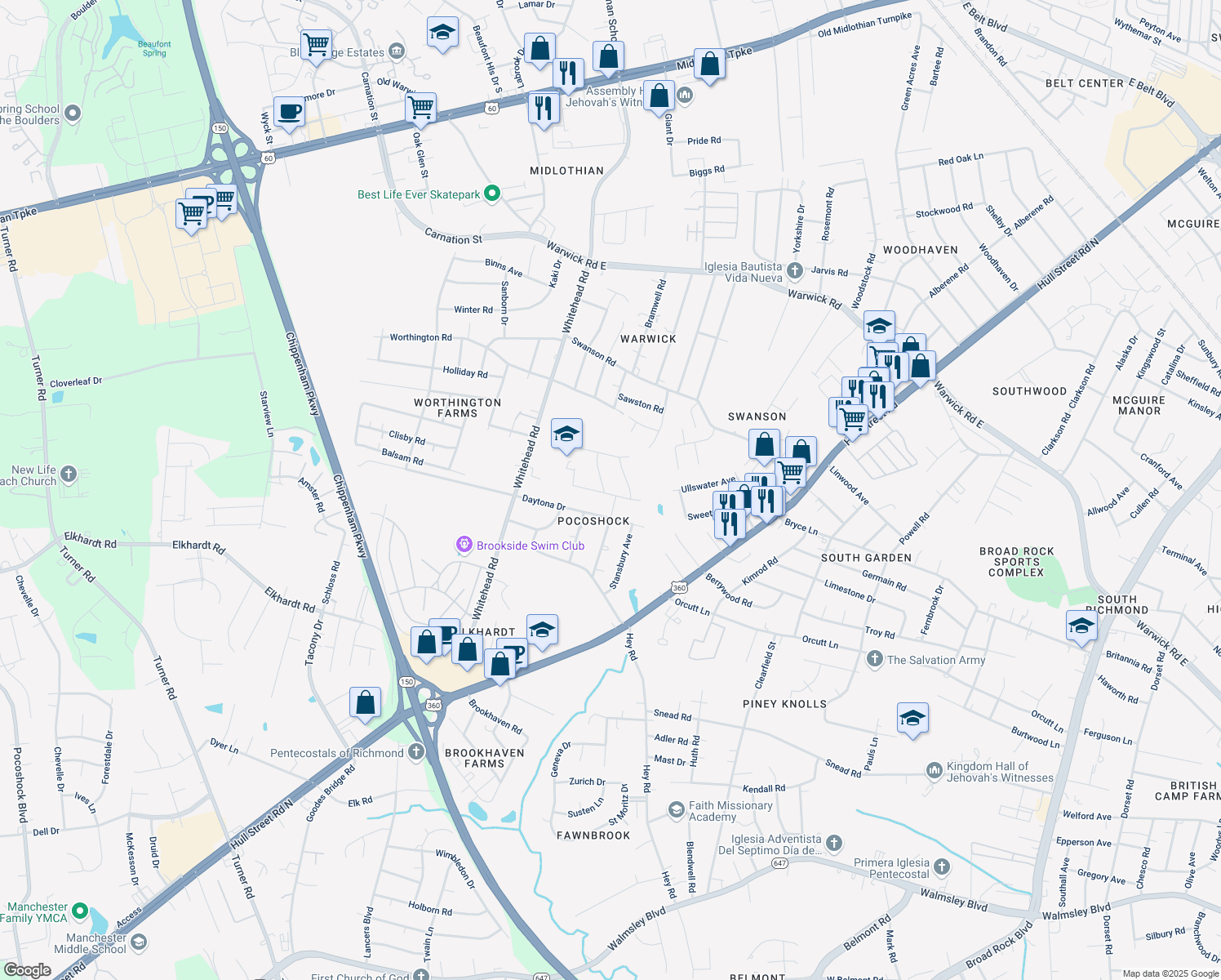 map of restaurants, bars, coffee shops, grocery stores, and more near 1437 Bramwell Road in Richmond