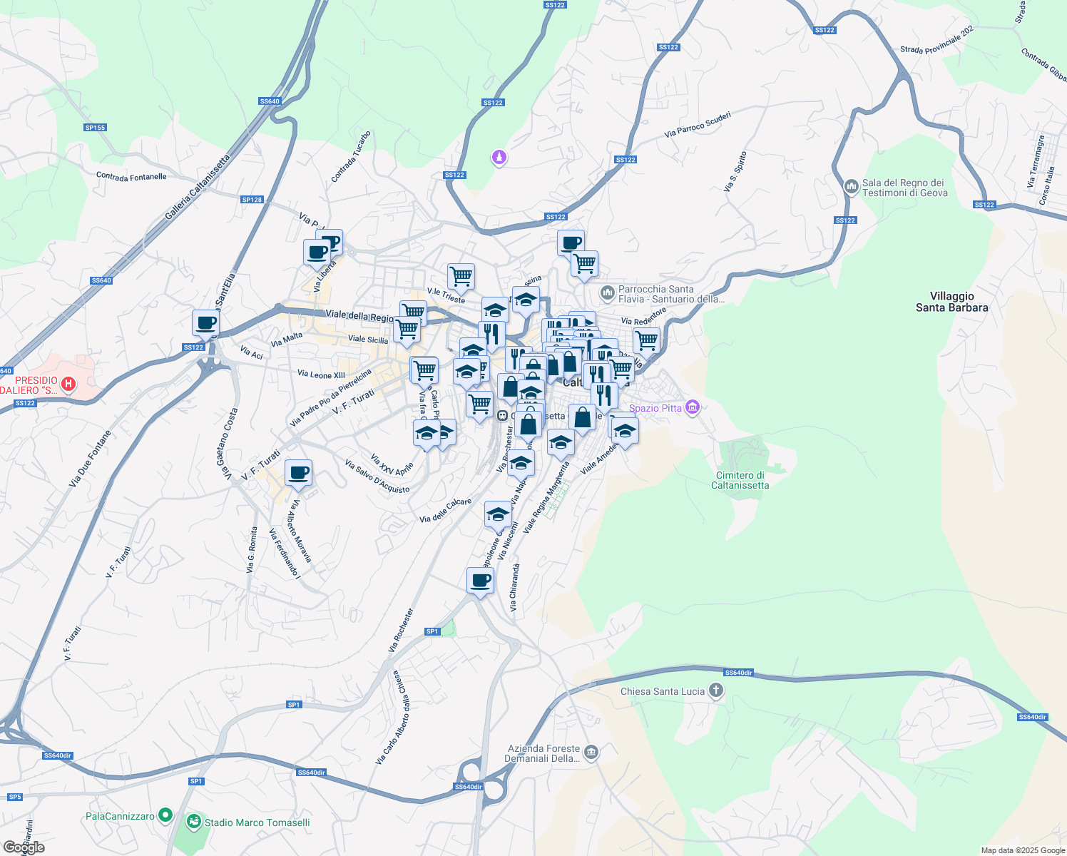 map of restaurants, bars, coffee shops, grocery stores, and more near 44 Via Napoleone Colajanni in Caltanissetta