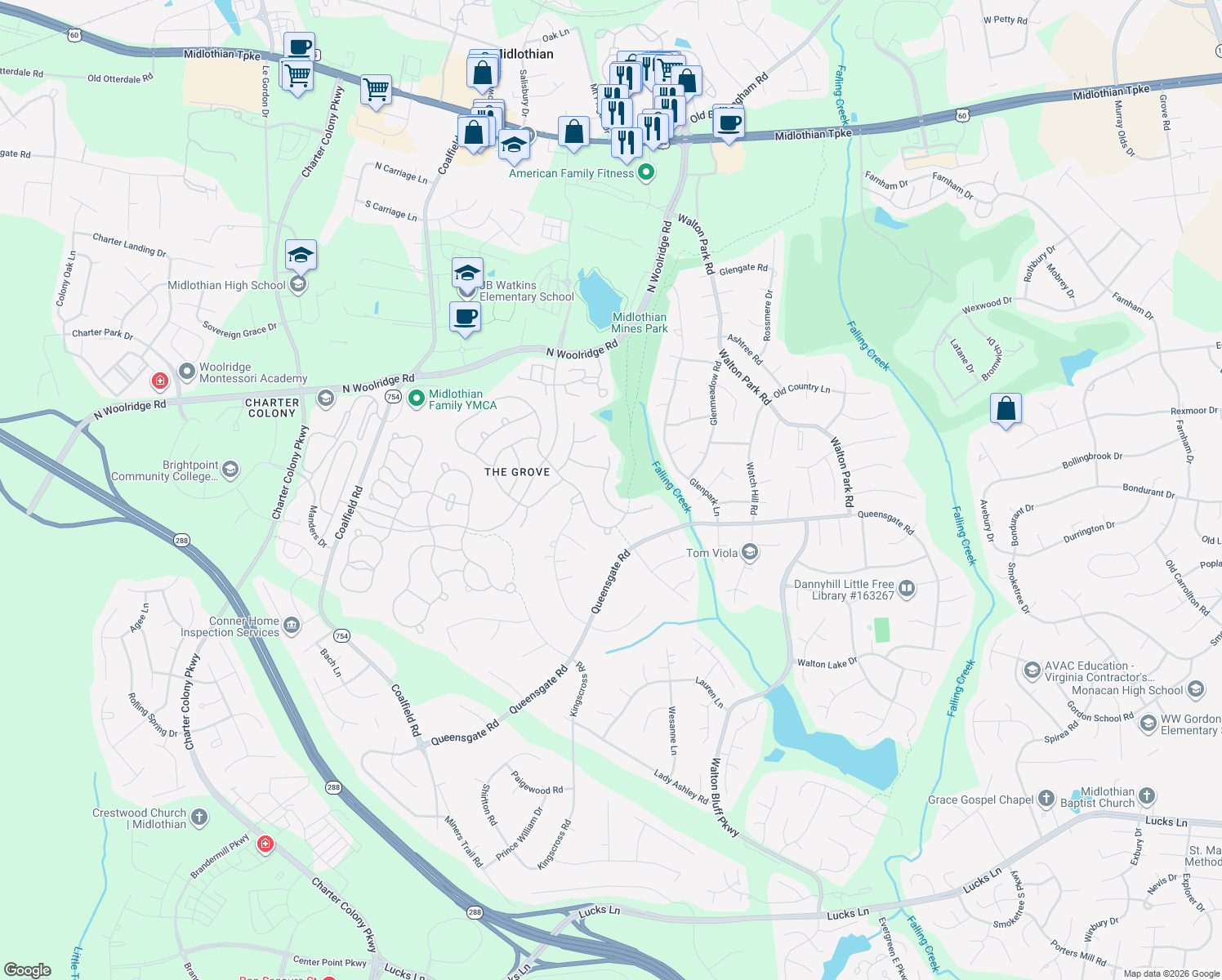 map of restaurants, bars, coffee shops, grocery stores, and more near 13319 Tipple Point Road in Midlothian