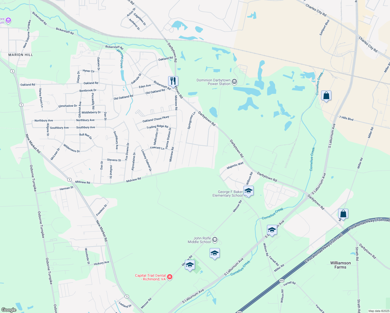 map of restaurants, bars, coffee shops, grocery stores, and more near 6432 Goldenrod Court in Richmond