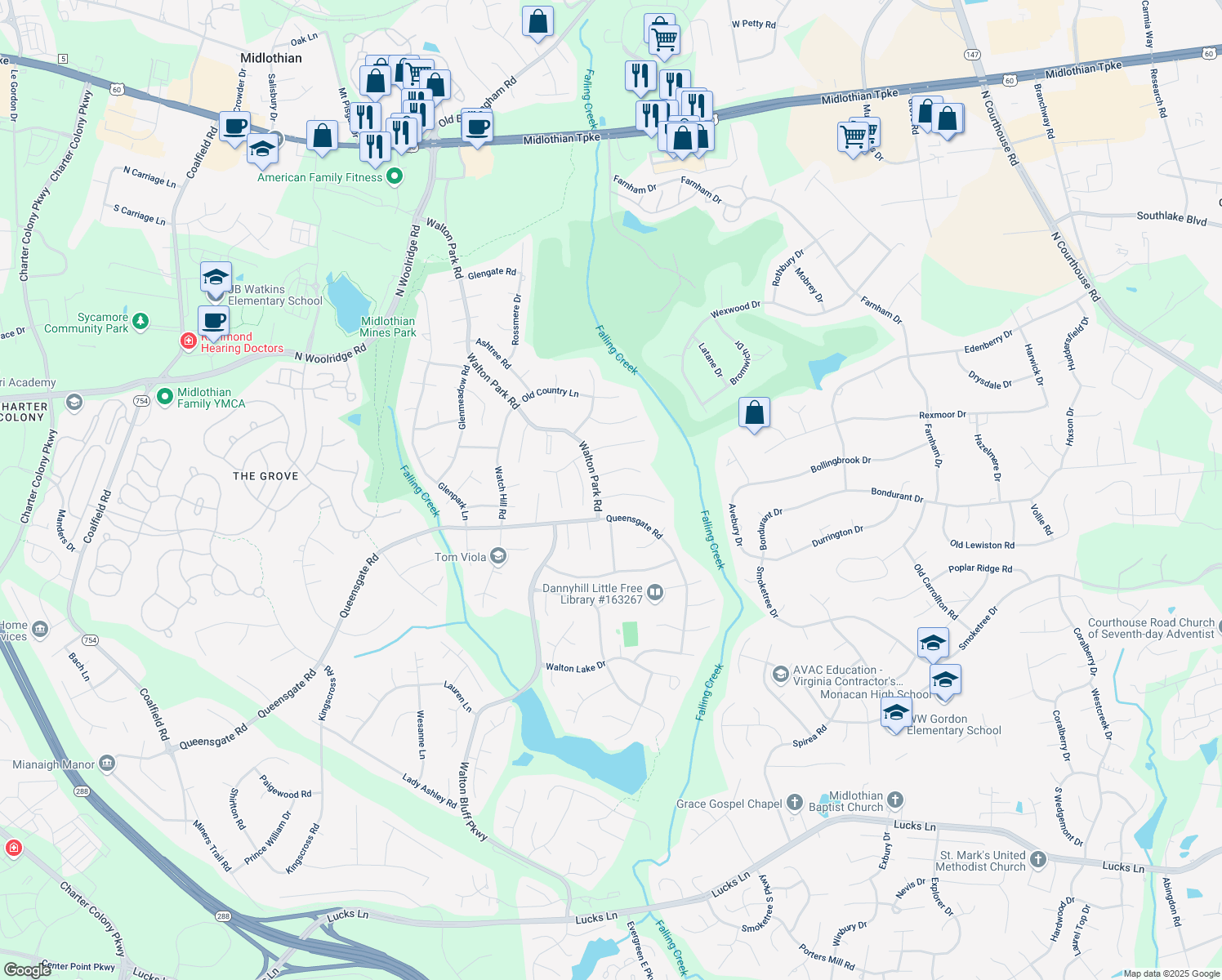map of restaurants, bars, coffee shops, grocery stores, and more near 13622 Knobhill Court in Midlothian