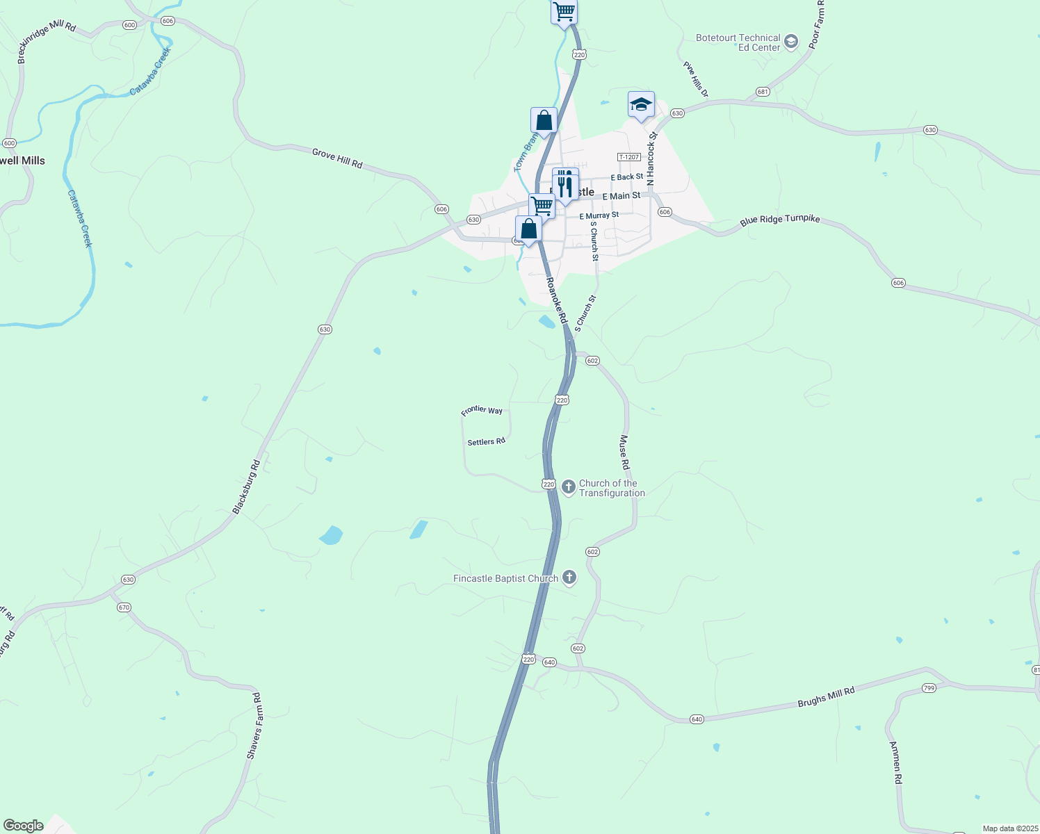 map of restaurants, bars, coffee shops, grocery stores, and more near 157 Settlers Rd in Fincastle