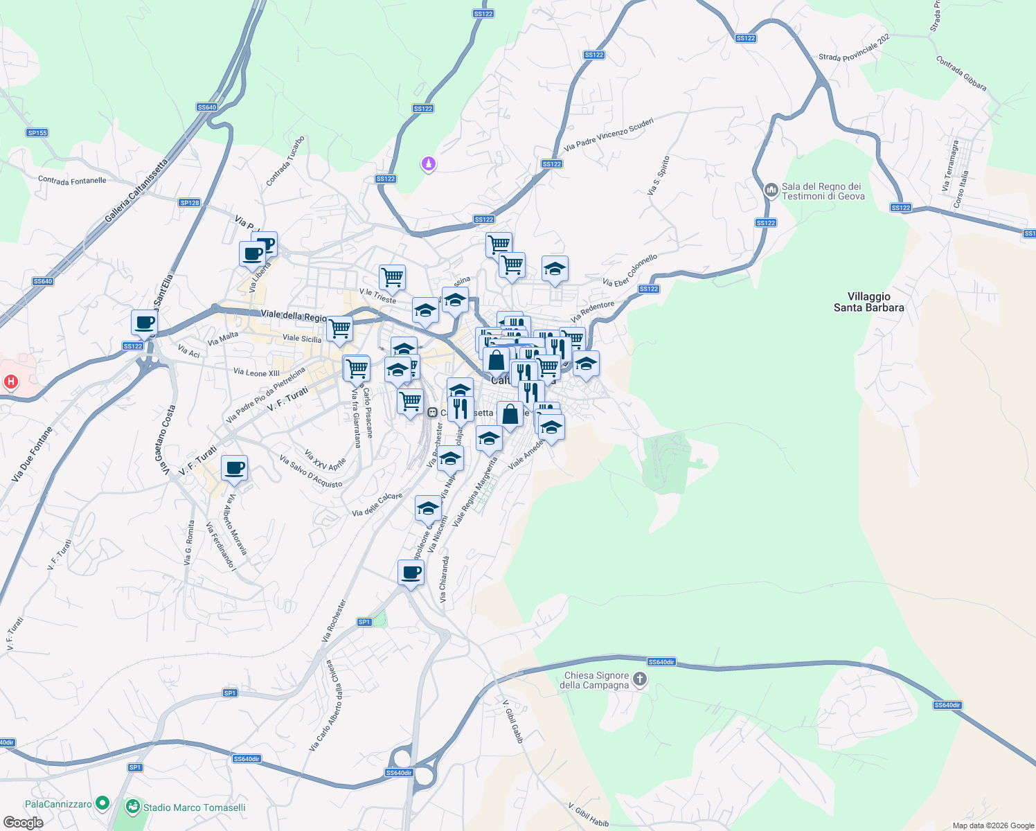 map of restaurants, bars, coffee shops, grocery stores, and more near 39 Via Castrogiovanni in Caltanissetta