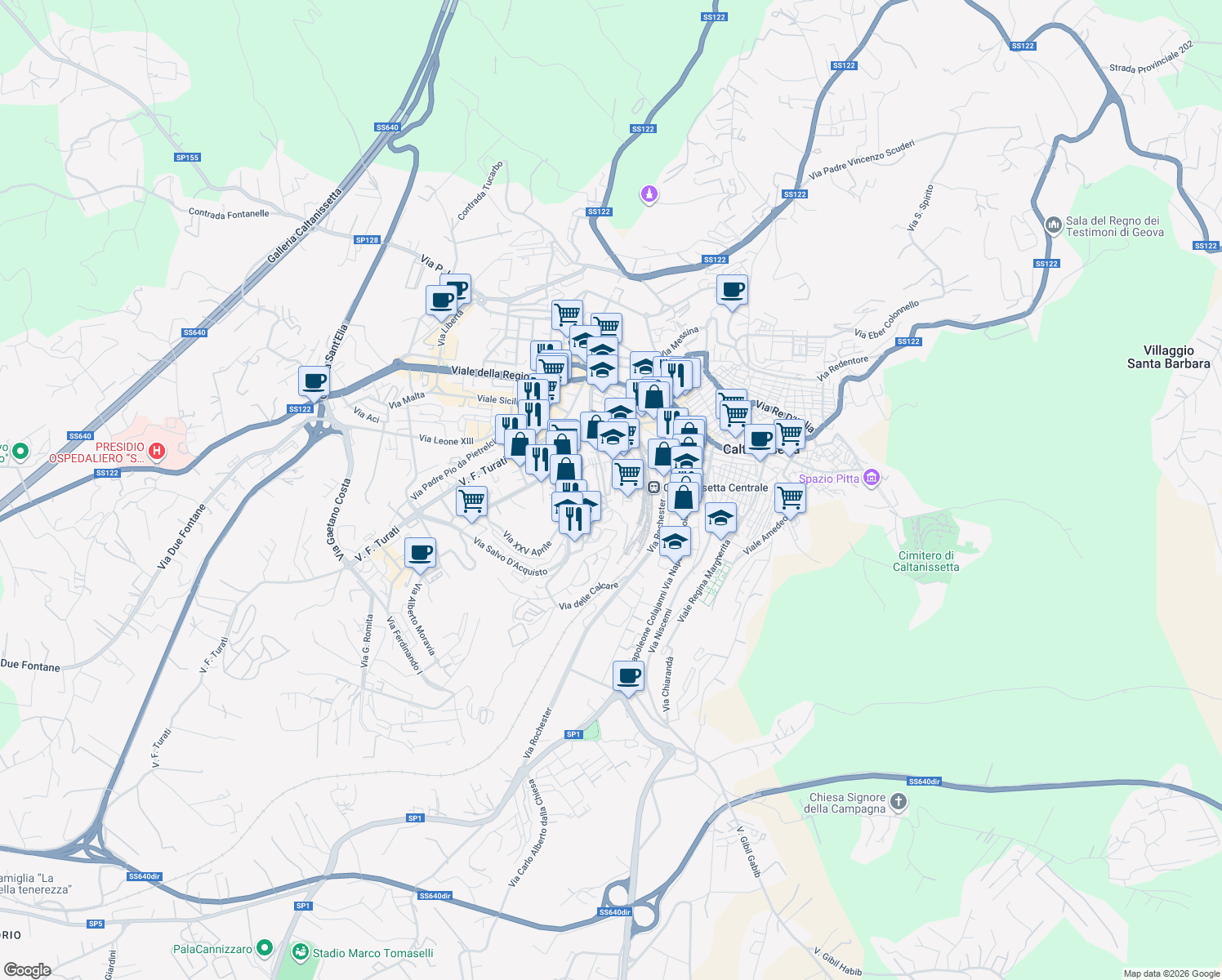 map of restaurants, bars, coffee shops, grocery stores, and more near 40 Via dei Mille in Caltanissetta