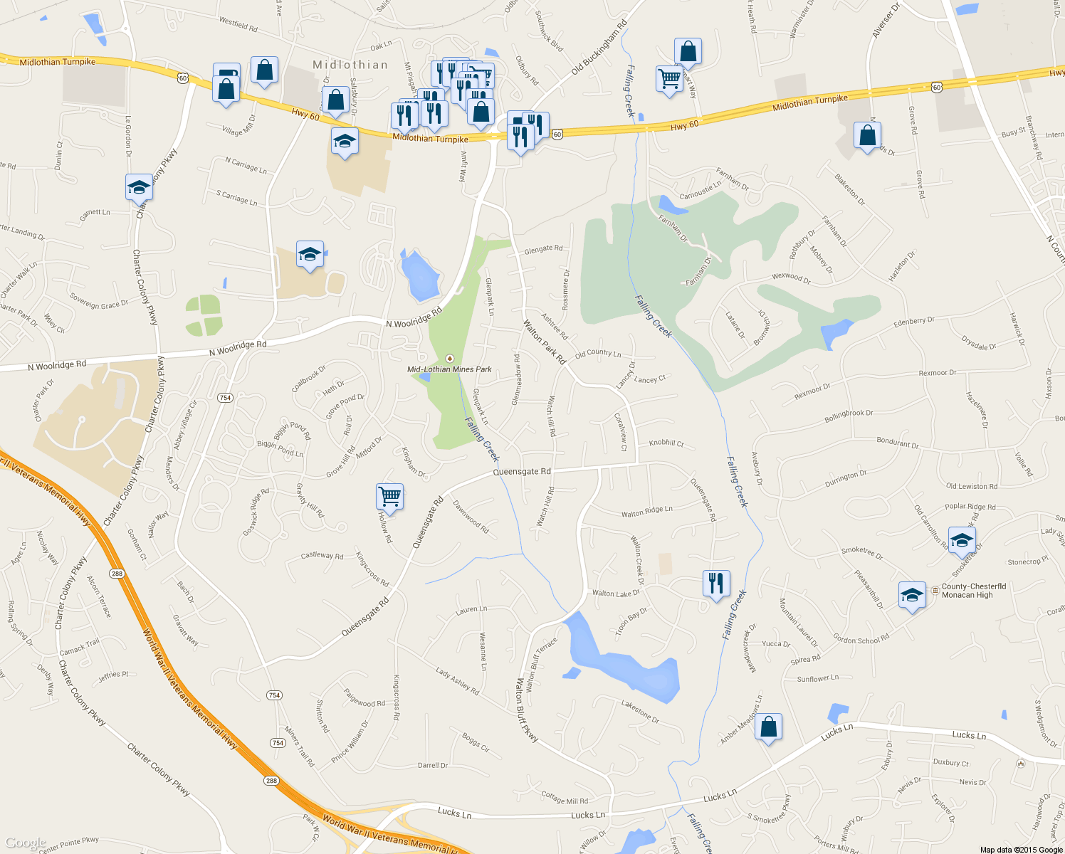 map of restaurants, bars, coffee shops, grocery stores, and more near 13004 Fennimore Terrace in Midlothian