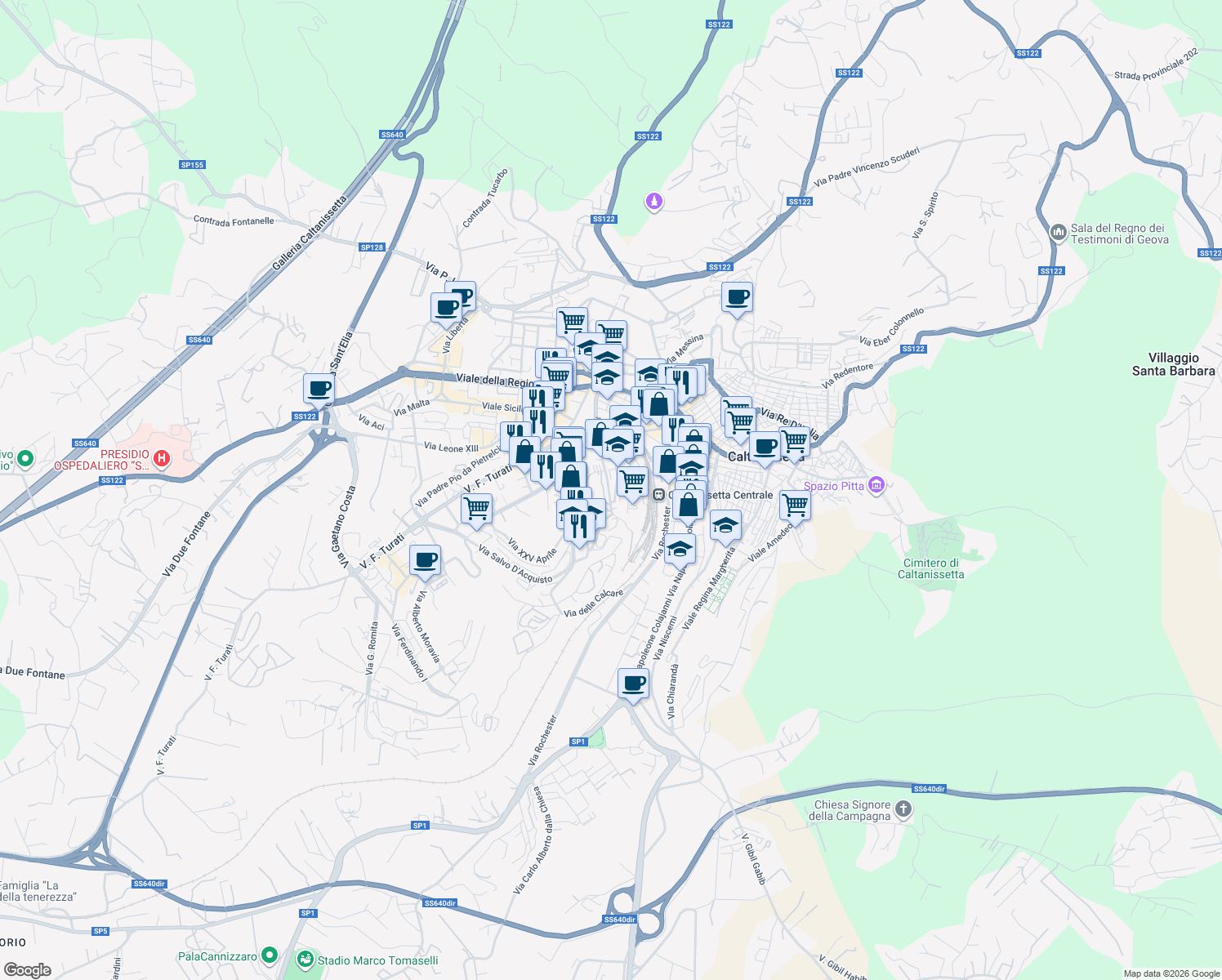 map of restaurants, bars, coffee shops, grocery stores, and more near 40 Via dei Mille in Caltanissetta