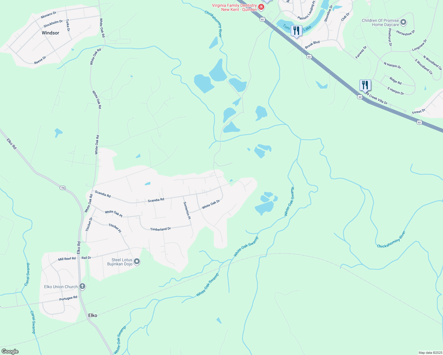 map of restaurants, bars, coffee shops, grocery stores, and more near 5405 White Oak Drive in Sandston