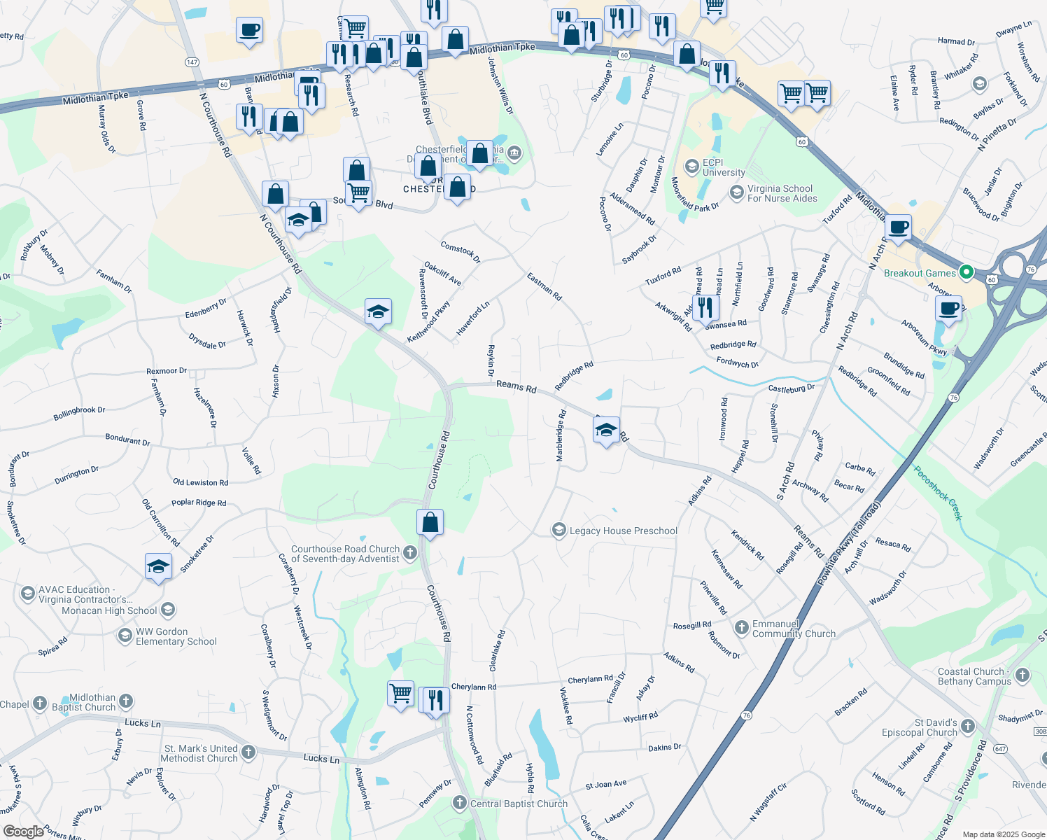 map of restaurants, bars, coffee shops, grocery stores, and more near 210 Monath Road in Richmond