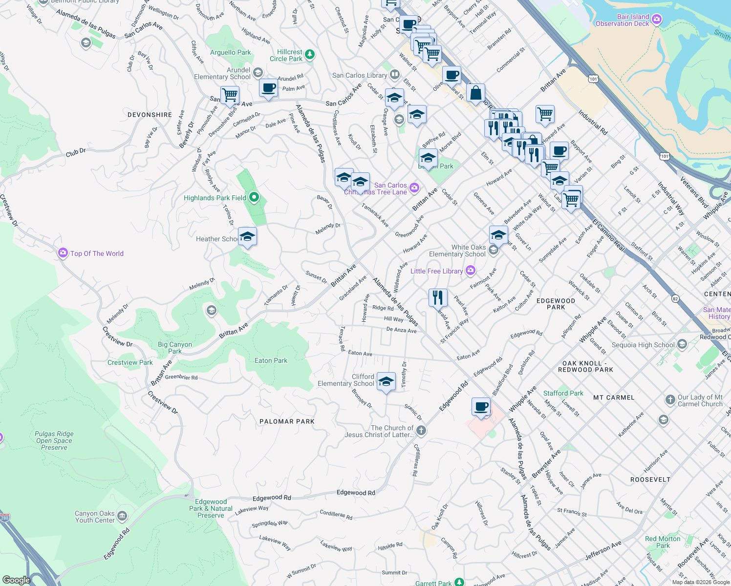 map of restaurants, bars, coffee shops, grocery stores, and more near 2534 Howard Avenue in San Carlos