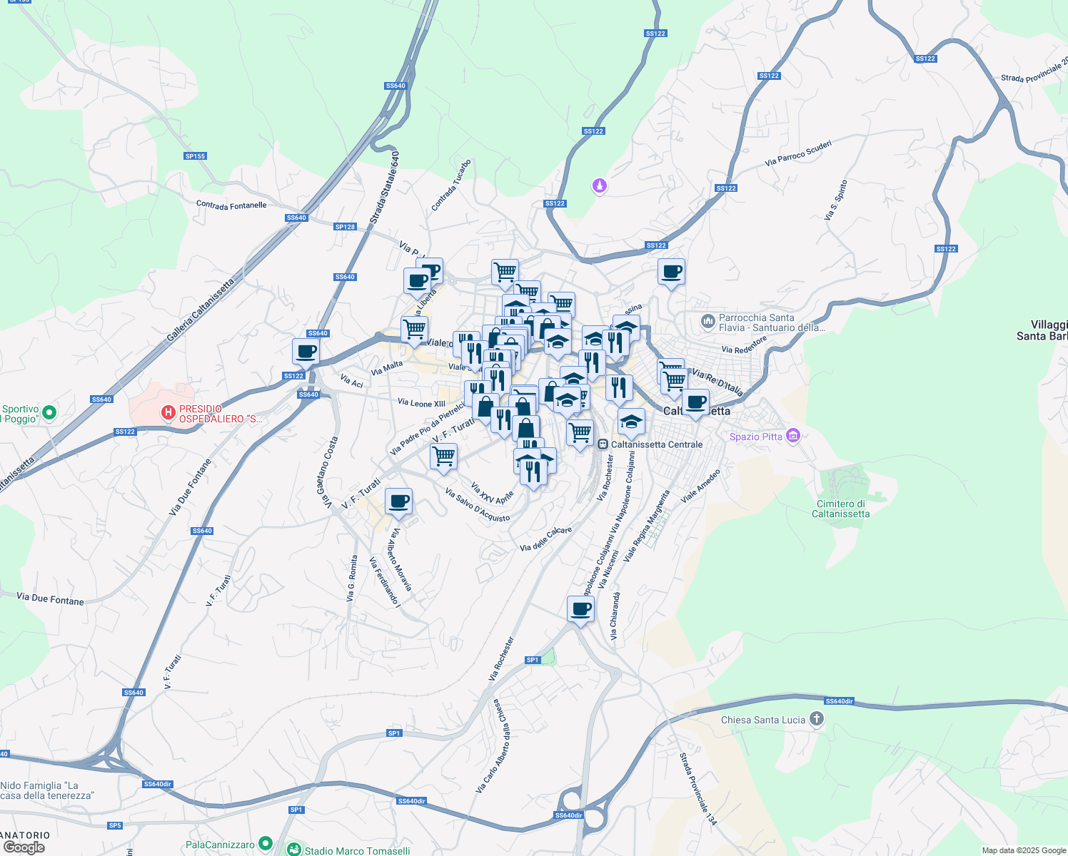 map of restaurants, bars, coffee shops, grocery stores, and more near 17 Via Carlo Pisacane in Caltanissetta
