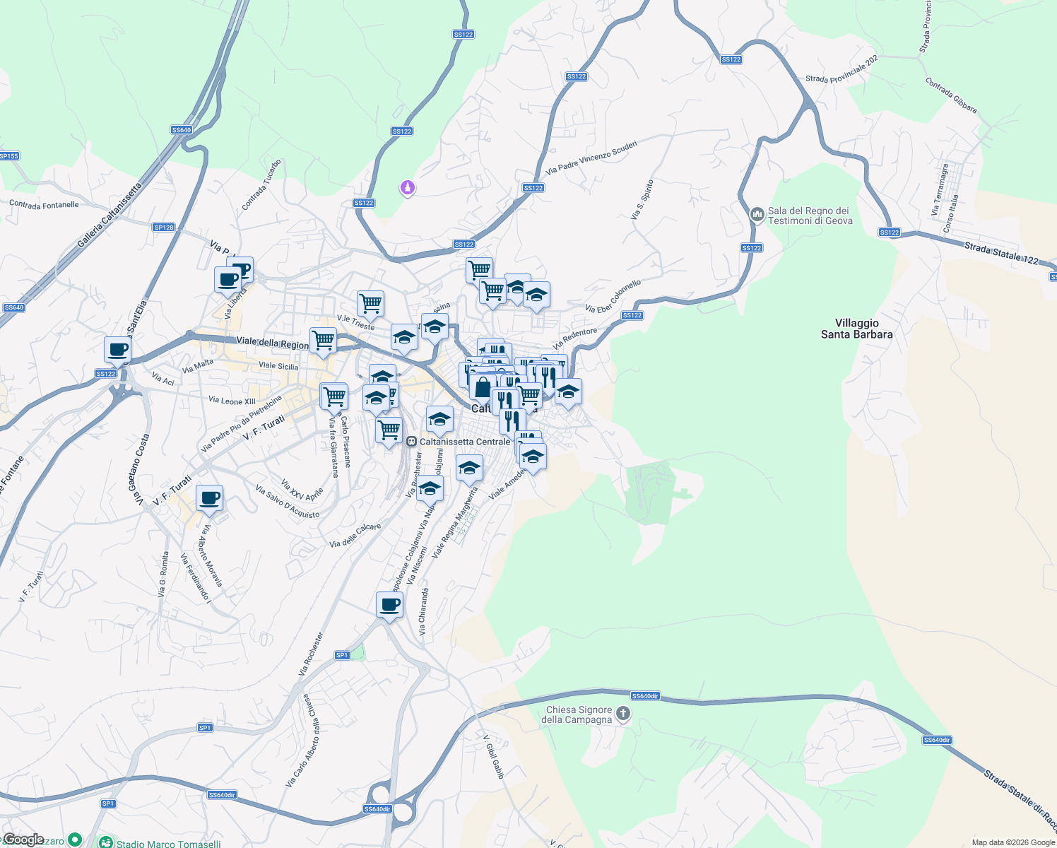 map of restaurants, bars, coffee shops, grocery stores, and more near 5 Vicolo Duomo in Caltanissetta