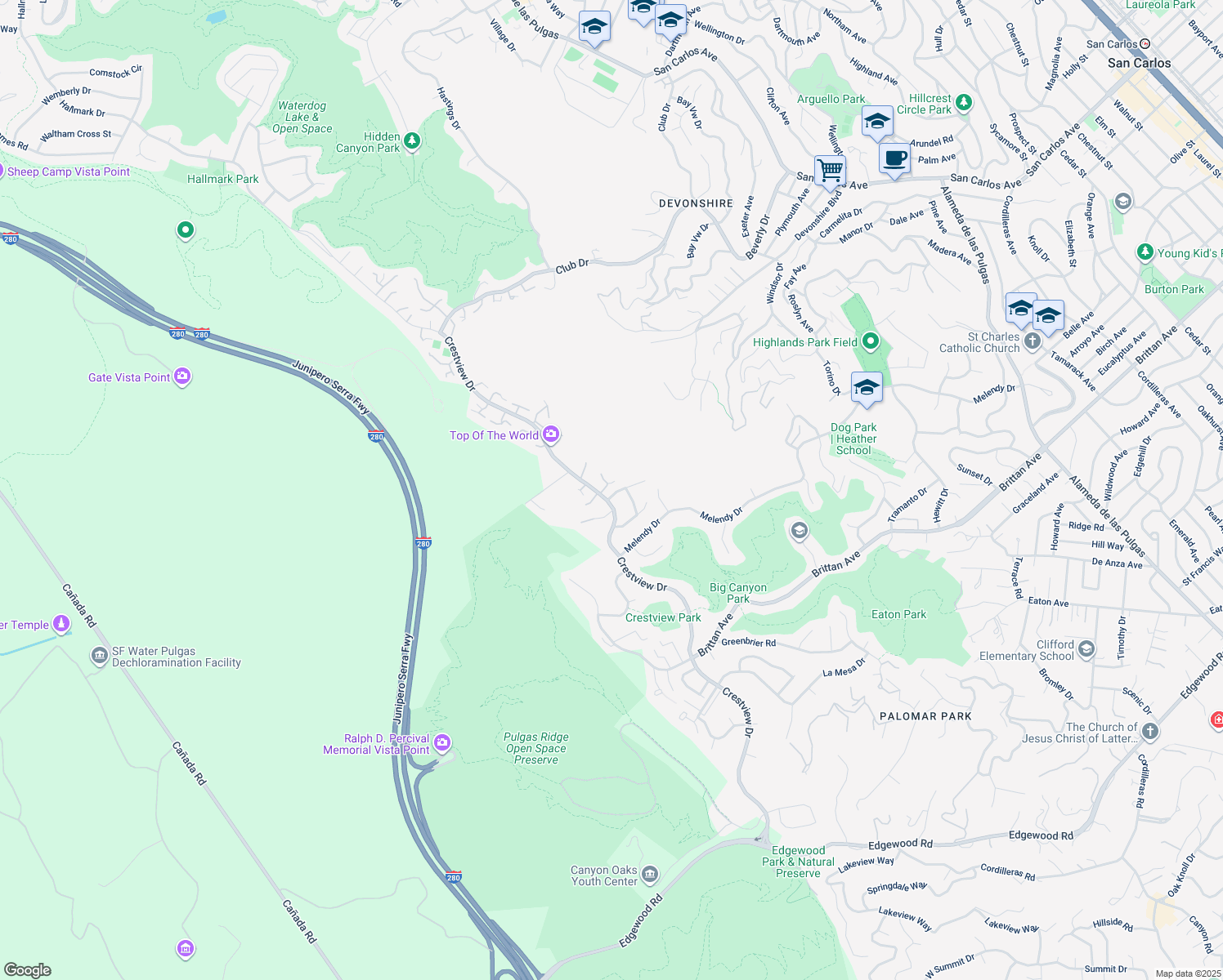 map of restaurants, bars, coffee shops, grocery stores, and more near 108 Normandy Court in San Carlos