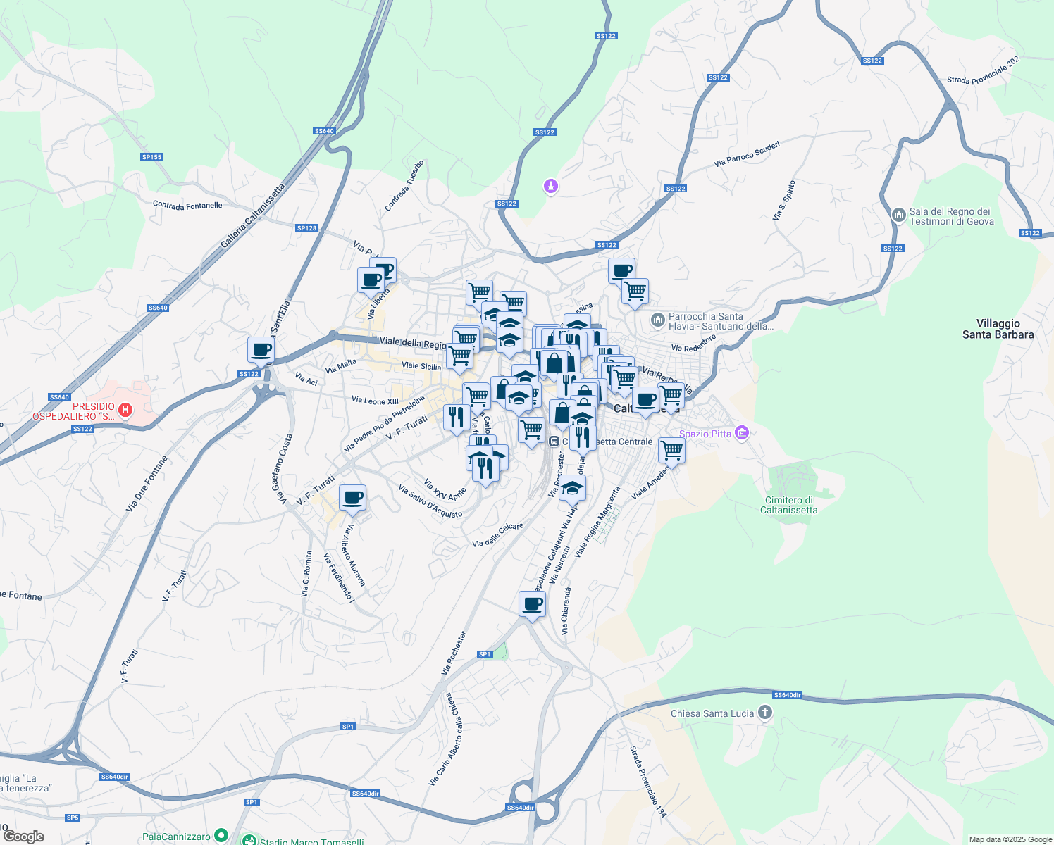 map of restaurants, bars, coffee shops, grocery stores, and more near 40 Via Alcide de Gasperi in Caltanissetta