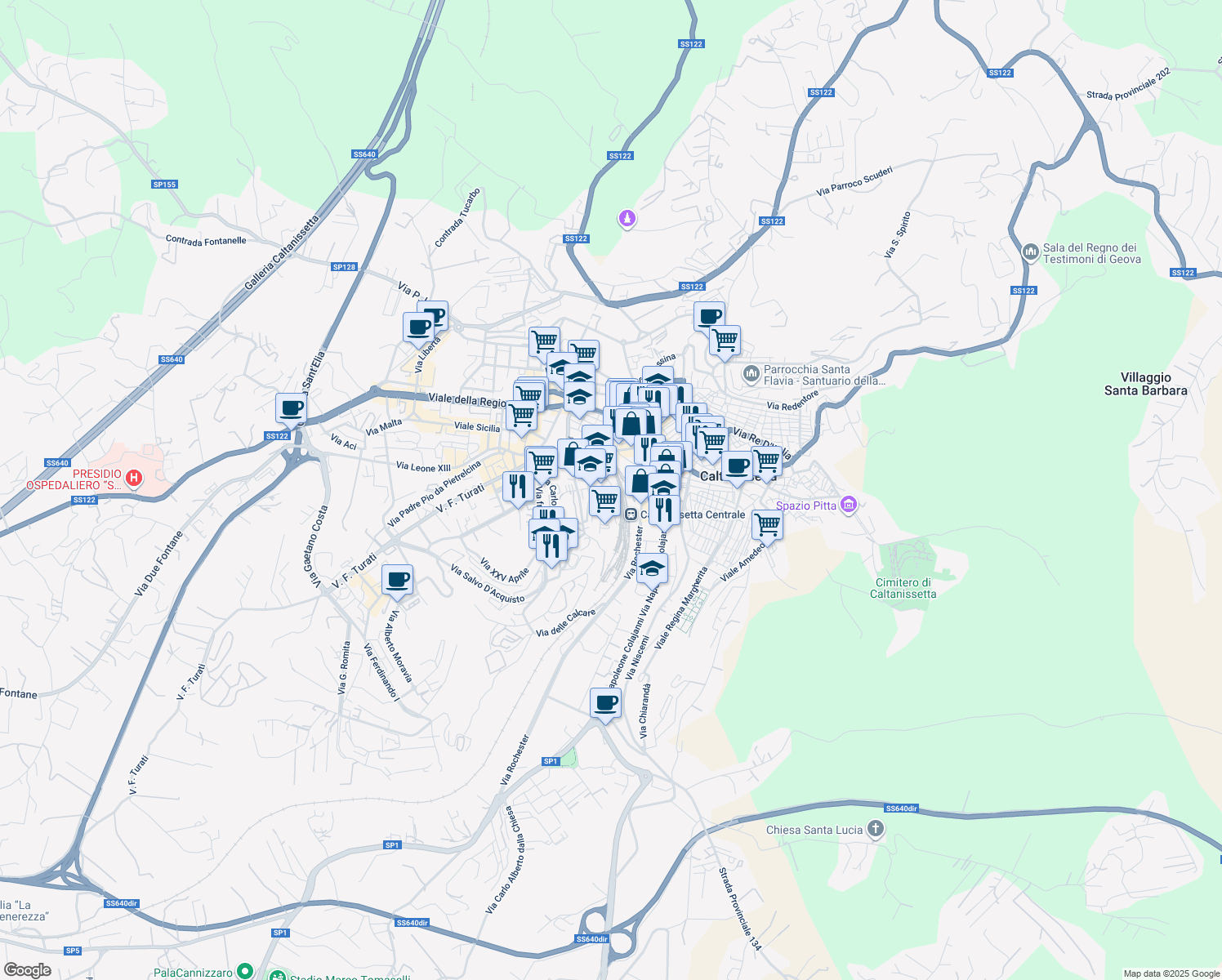 map of restaurants, bars, coffee shops, grocery stores, and more near 40 Via Alcide de Gasperi in Caltanissetta